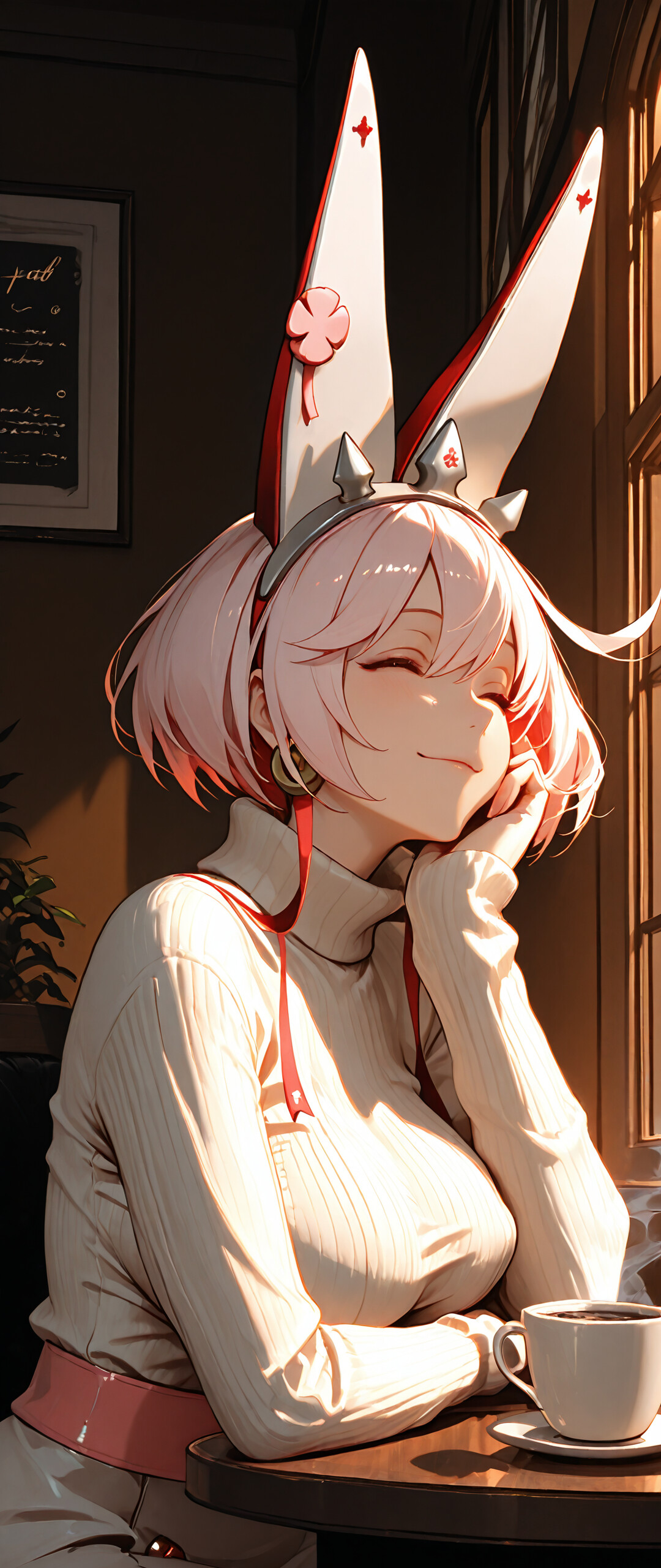 Una ilustración al estilo anime de Elphelt Valentine, de Guilty Gear. Tiene el pelo corto de color rosa, ojos azules y grandes orejas blancas que recuerdan a las de un conejo, y lleva una diadema con púas. Lleva puesto un jersey blanco de cuello alto y está sentada en una mesa de madera en un café, sonriendo suavemente mientras apoya la barbilla en la mano. Una taza de café está sobre la mesa, a su lado.