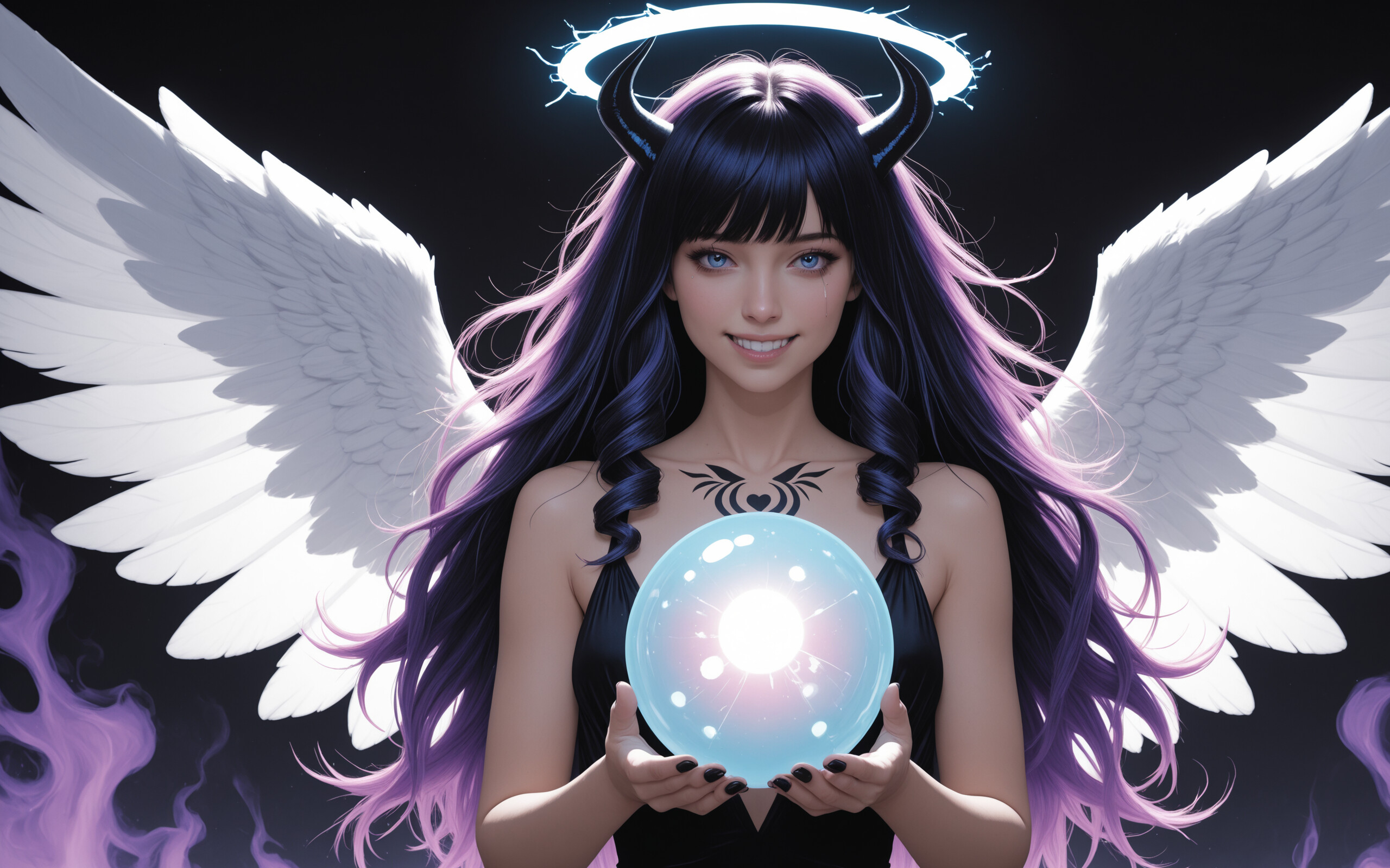 Una mujer con un estilo de anime, que lleva alas blancas de ángel, cuernos negros de demonio y un halo azul, y que sonríe mientras sostiene una esfera púrpura brillante sobre un fondo negro.