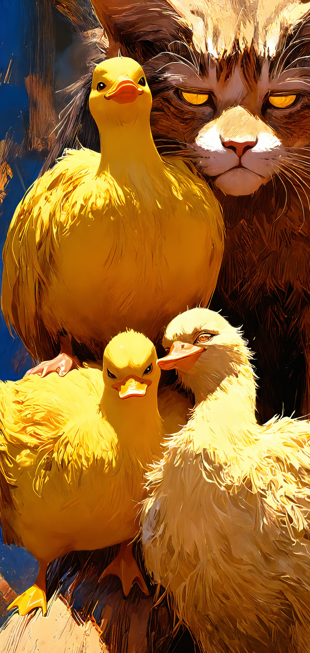 Una ilustración detallada y de estilo pictórico que muestra el rostro de un gato atigrado de aspecto hosco, en un primer plano extremo. Seis pequeños patitos de goma de color amarillo brillante están colocados sobre su cabeza, como si fueran una corona.