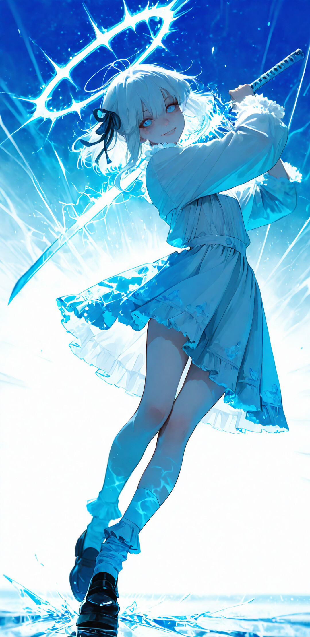 Una ilustración de cuerpo entero de una joven chica de anime, con cabello blanco y un vestido blanco con volantes. Sostiene una katana de hielo azul brillante y sonríe al espectador, mientras está de pie sobre una superficie de hielo agrietada, frente a una luz circular brillante.