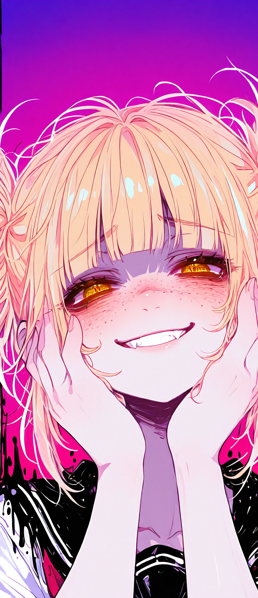 Un retrato al estilo anime de Himiko Toga, de la serie My Hero Academia. Tiene el pelo rubio recogido en dos moños despeinados, ojos dorados y una amplia sonrisa que muestra sus dientes. Sus manos están apoyadas en sus mejillas y su expresión es inquietantemente alegre.