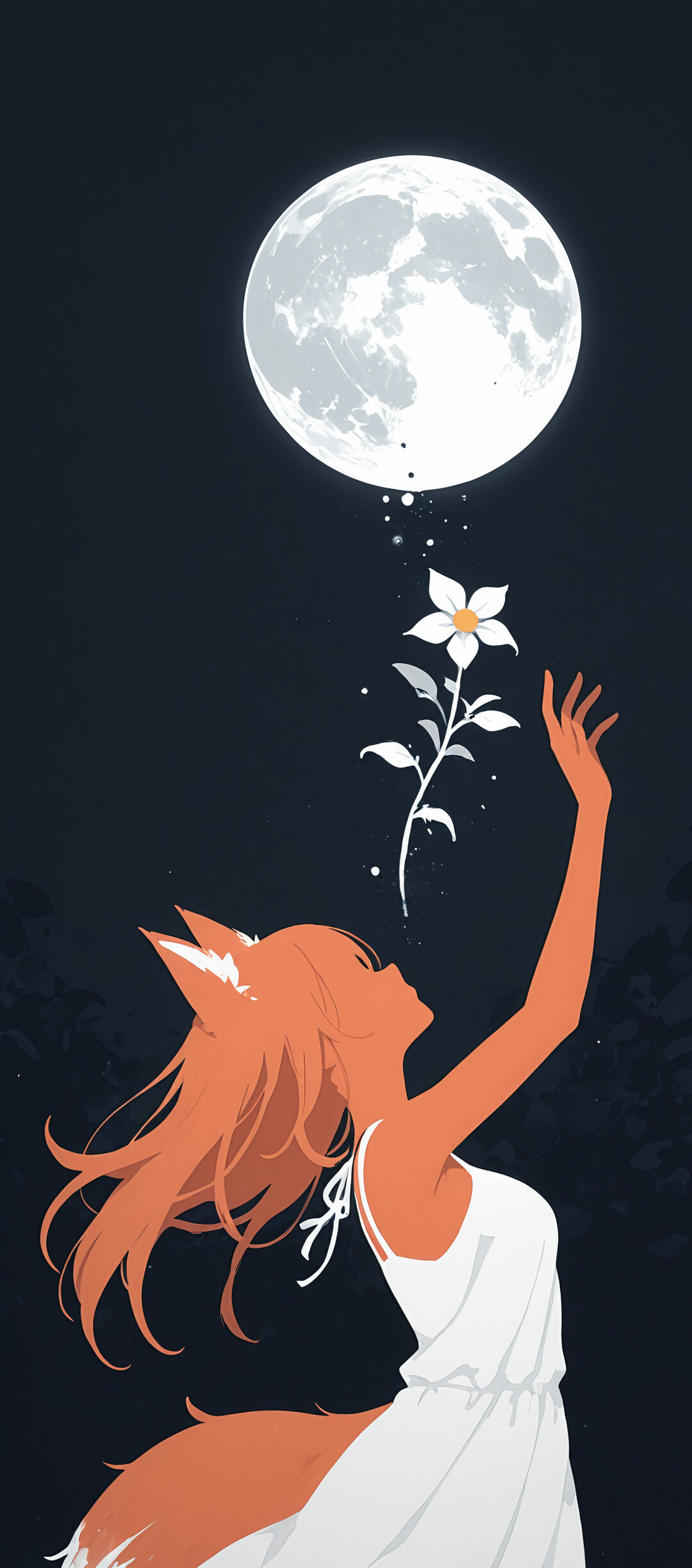 Una ilustración de Holo, de la serie Spice and Wolf, que representa a una joven con orejas y cola de zorro de color naranja, y un largo cabello también de color naranja, vestida con un vestido blanco. Está de pie en un campo de flores durante la noche, con los brazos extendidos hacia la luna llena.
