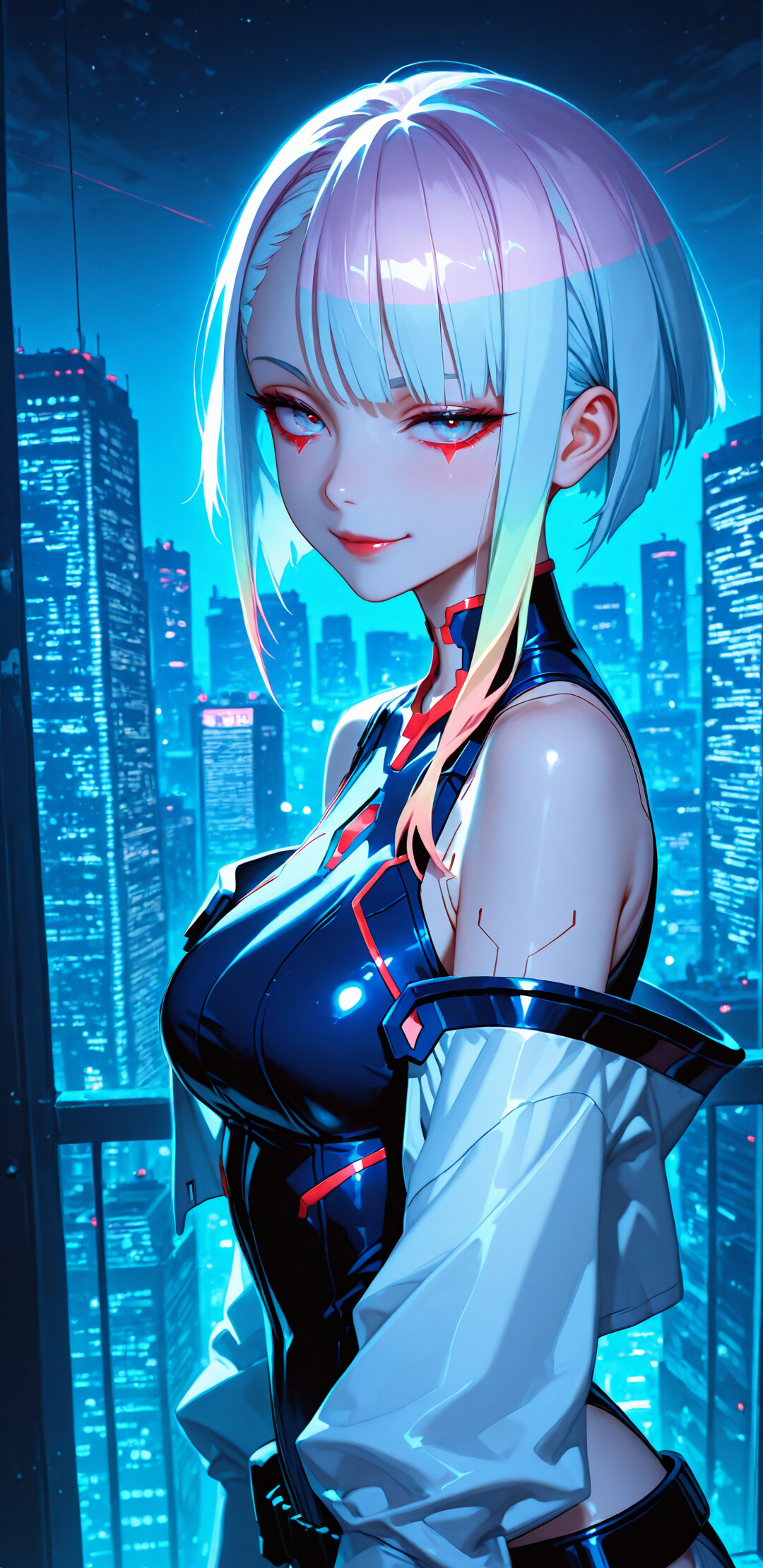 Una ilustración al estilo anime de Lucy, de la serie Cyberpunk: Edgerunners, que representa a una joven con el pelo corto, blanco y de colores del arcoíris, mirando al espectador con una sonrisa burlona. Está frente a una ventana desde la que se divisa el horizonte de una ciudad futurista de noche.