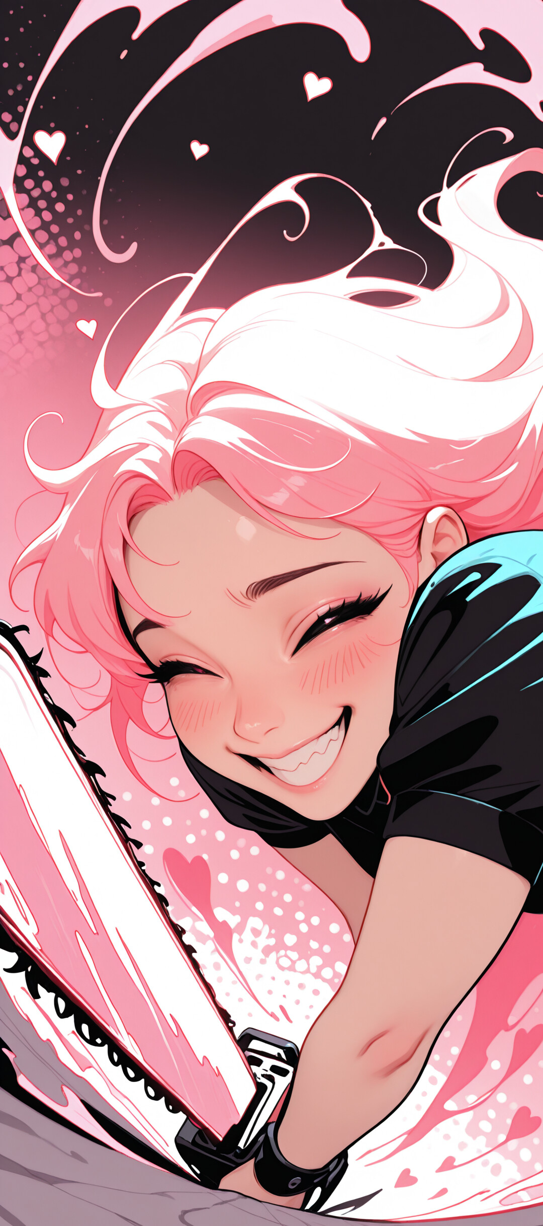 Una chica de anime con el pelo rosa, vestida de criada, ríe de forma maniática mientras sostiene una motosierra rosa, con un fondo de corazones y espirales rosas.