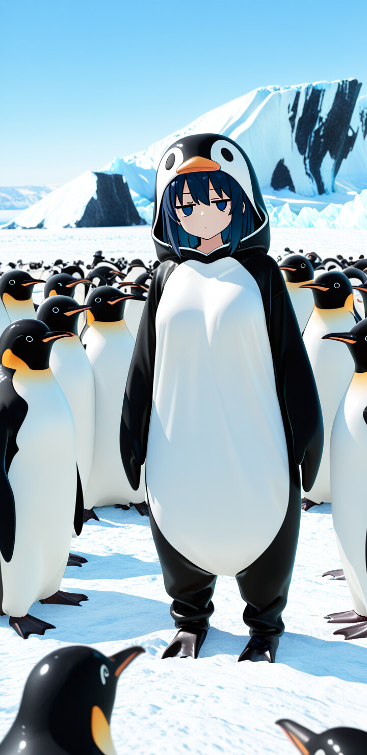 Una chica de anime con el pelo de color azul oscuro, identificada como Meltryllis de Fate/Grand Order, está de pie en medio de una colonia de pingüinos en la Antártida. Lleva un disfraz de pingüino que cubre todo su cuerpo y tiene una expresión seria, mientras que pingüinos de verdad se reúnen a su alrededor sobre el hielo, frente a un gran iceberg.