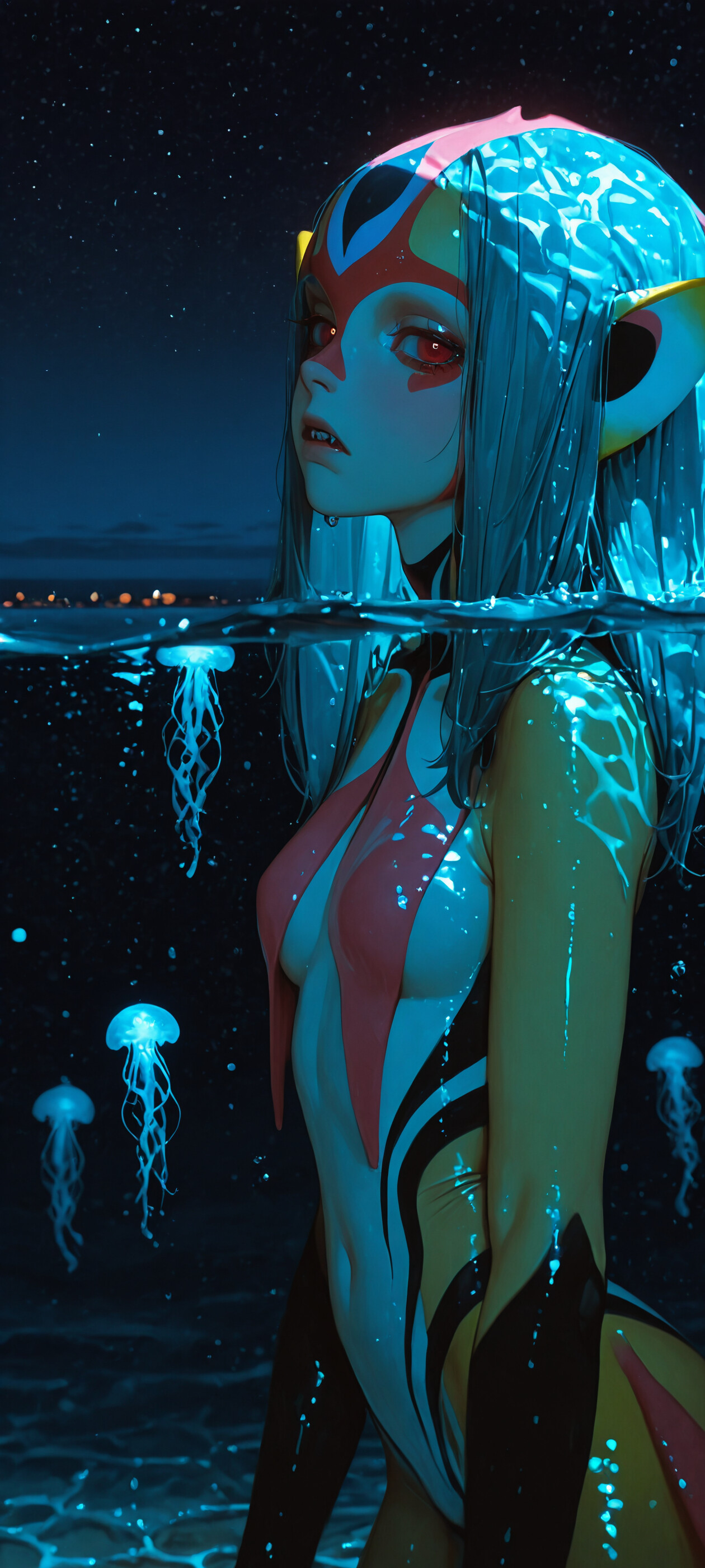 Una ilustración del personaje de anime Mutio, de Blue Submarine No. 6, de pie en el océano durante la noche. Una gran medusa azul bioluminiscente se encuentra sobre su cabeza, como un sombrero, iluminando su rostro y su cabello gris sobre el cielo estrellado.