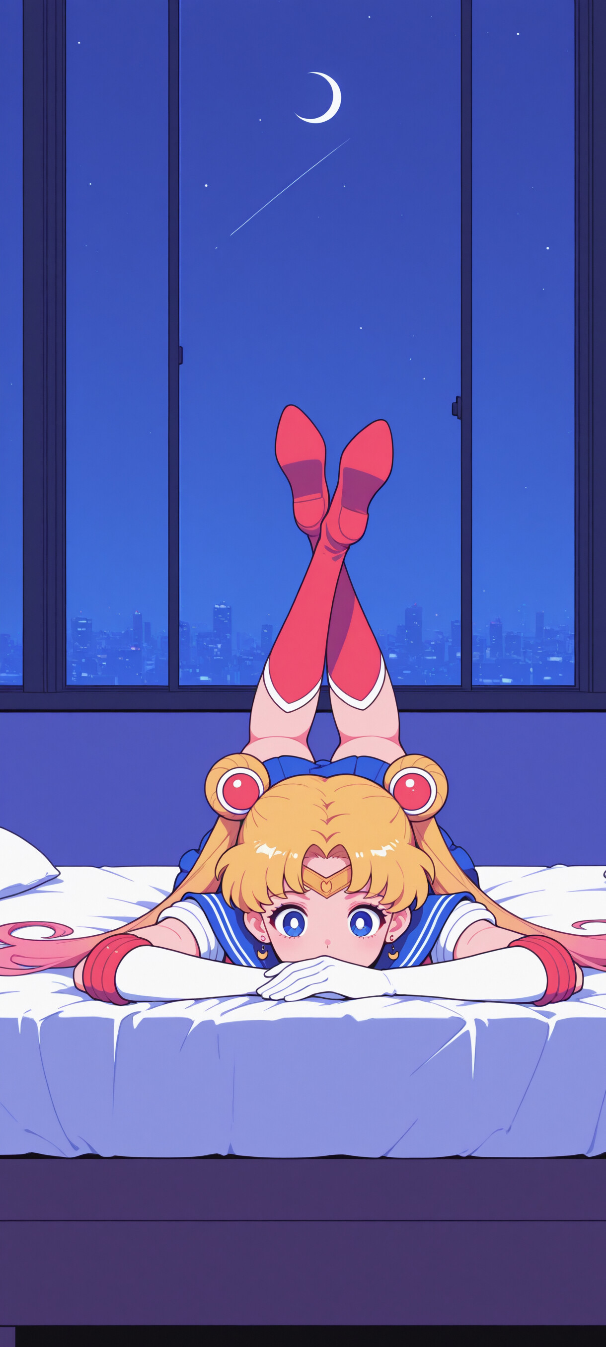 Sailor Moon, con su característico peinado de dos moños rubios, está tendida boca abajo en una cama, mirando directamente al espectador. Detrás de ella, una gran ventana muestra el vibrante perfil de la ciudad de noche, bajo un cielo estrellado.