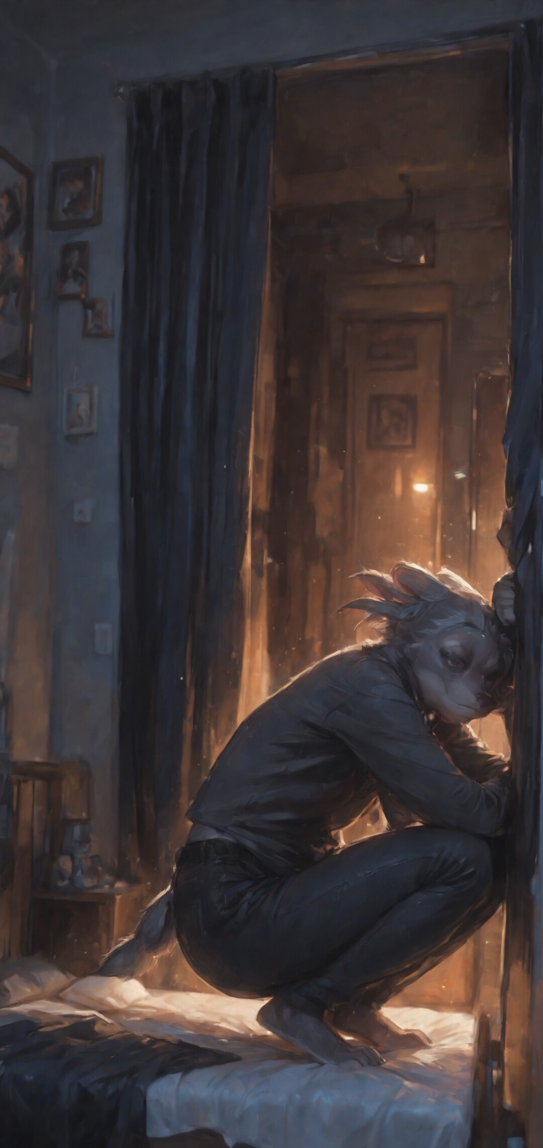 Una ilustración de cuerpo entero de una zorra antropomórfica, de sexo femenino, con el pelo rojo y blanco, vestida con una camisa roja y pantalones negros, apoyada contra el marco de una puerta en un apartamento con poca luz.