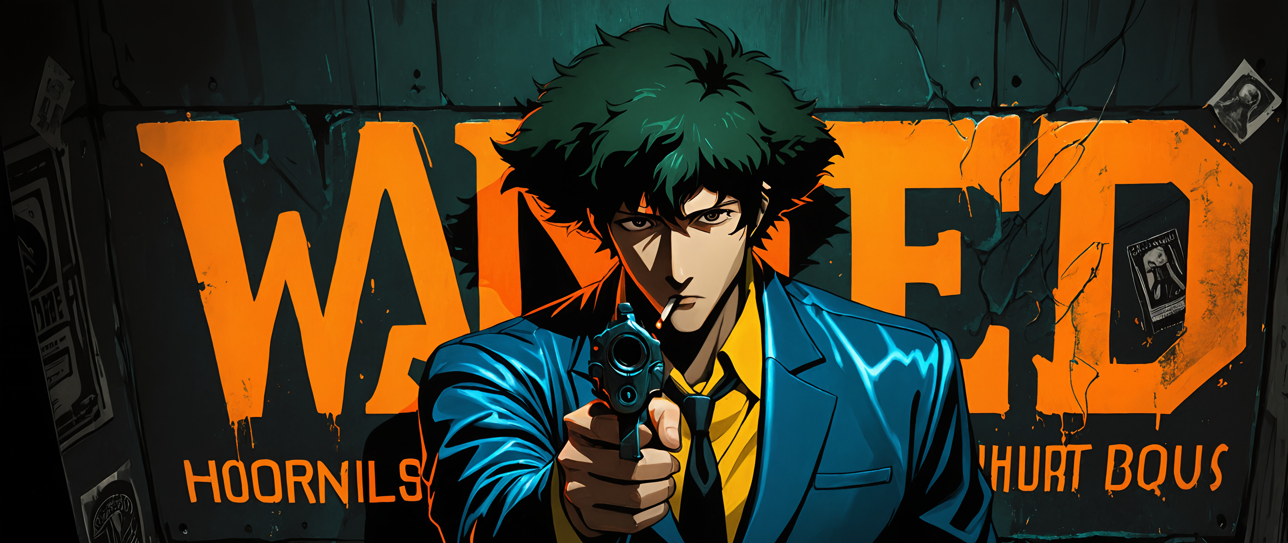Ilustración al estilo anime de Spike Spiegel, de la serie Cowboy Bebop, apuntando con una pistola a la cámara. Tiene el pelo oscuro y despeinado, un cigarrillo en la boca y lleva un traje azul. Detrás de él, hay una pared con un gran cartel de neón que dice «SE BUSCA».