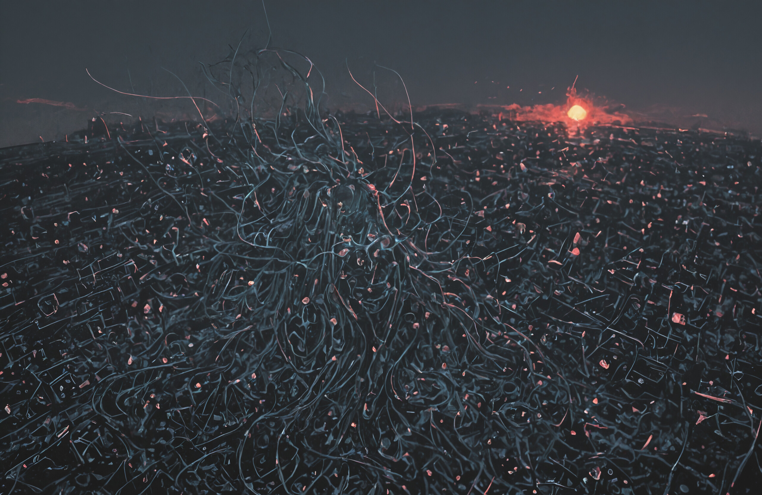 Una obra de arte al estilo ukiyo-e que representa un espíritu etéreo compuesto por raíces y ramas oscuras y entrelazadas. La figura se encuentra en un bosque caótico, frente a un gran sol naranja que sirve como halo.