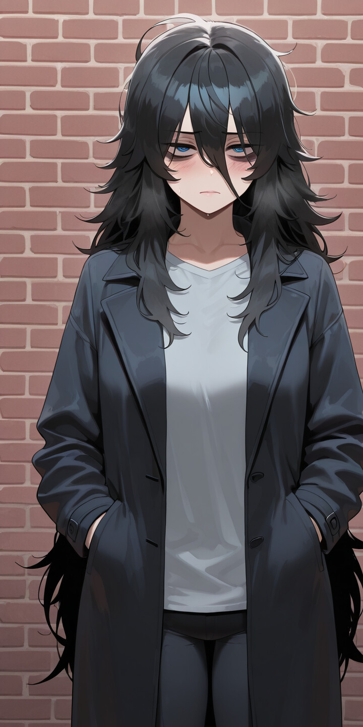 Una chica de estilo anime, con el pelo largo y negro despeinado y unos ojos azules que denotan cansancio, está apoyada contra una pared de ladrillo. Lleva puesto un abrigo color beige, un jersey de cuello alto negro y unos vaqueros azules, y tiene las manos metidas en los bolsillos del abrigo.