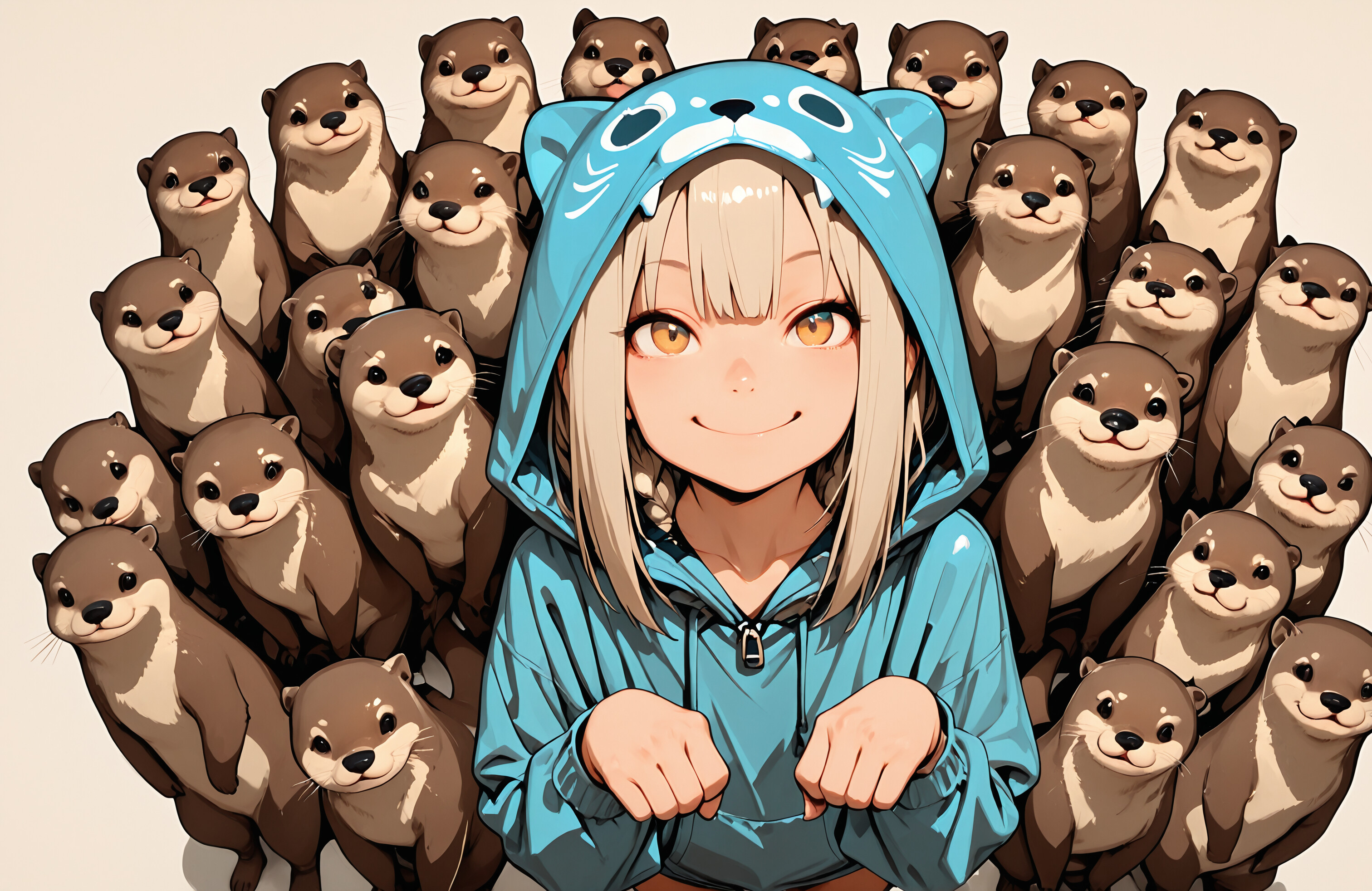 Una chica de anime, vestida con una sudadera azul con la imagen de una nutria, sonríe mientras está rodeada por un gran grupo de adorables nutrias. Tiene las manos juntas, como si fueran patas.