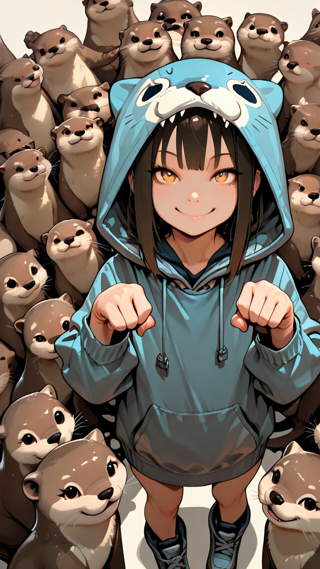 Una chica de anime, vestida con una sudadera azul con la imagen de una nutria, sonríe mientras está rodeada por un gran grupo de adorables nutrias. Tiene las manos juntas, como si fueran patas.