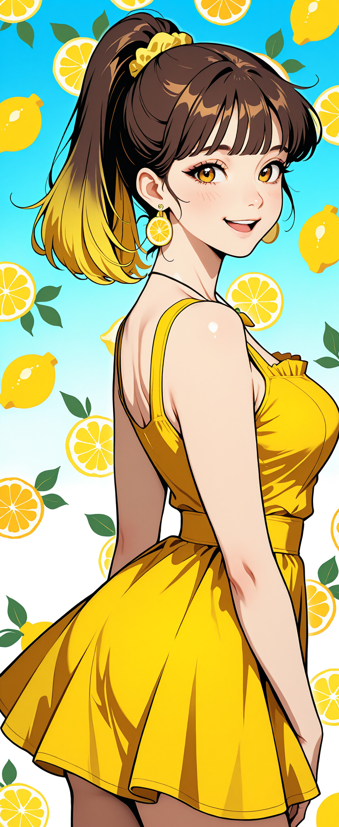 Una chica de anime con el pelo castaño y amarillo recogido en una coleta, vestida con un vestido amarillo y joyas con motivos de limones, sonríe mientras está de pie en un huerto de limoneros, con un cielo azul de fondo.