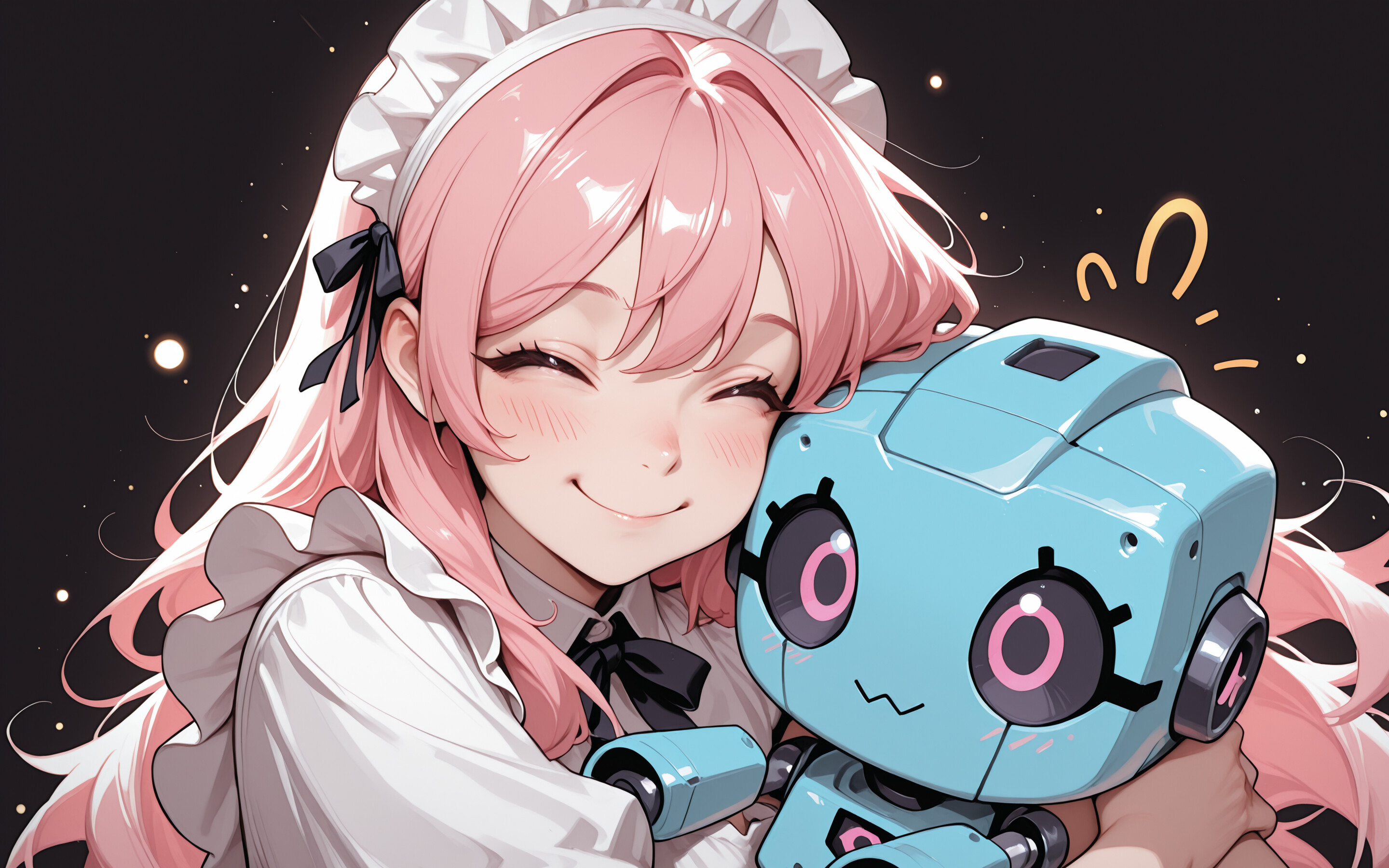 Un primer plano de una sonriente criada de anime, con el pelo largo y rosa y los ojos de color púrpura, abrazando con cariño a un pequeño y adorable robot azul sobre un fondo oscuro y brillante.