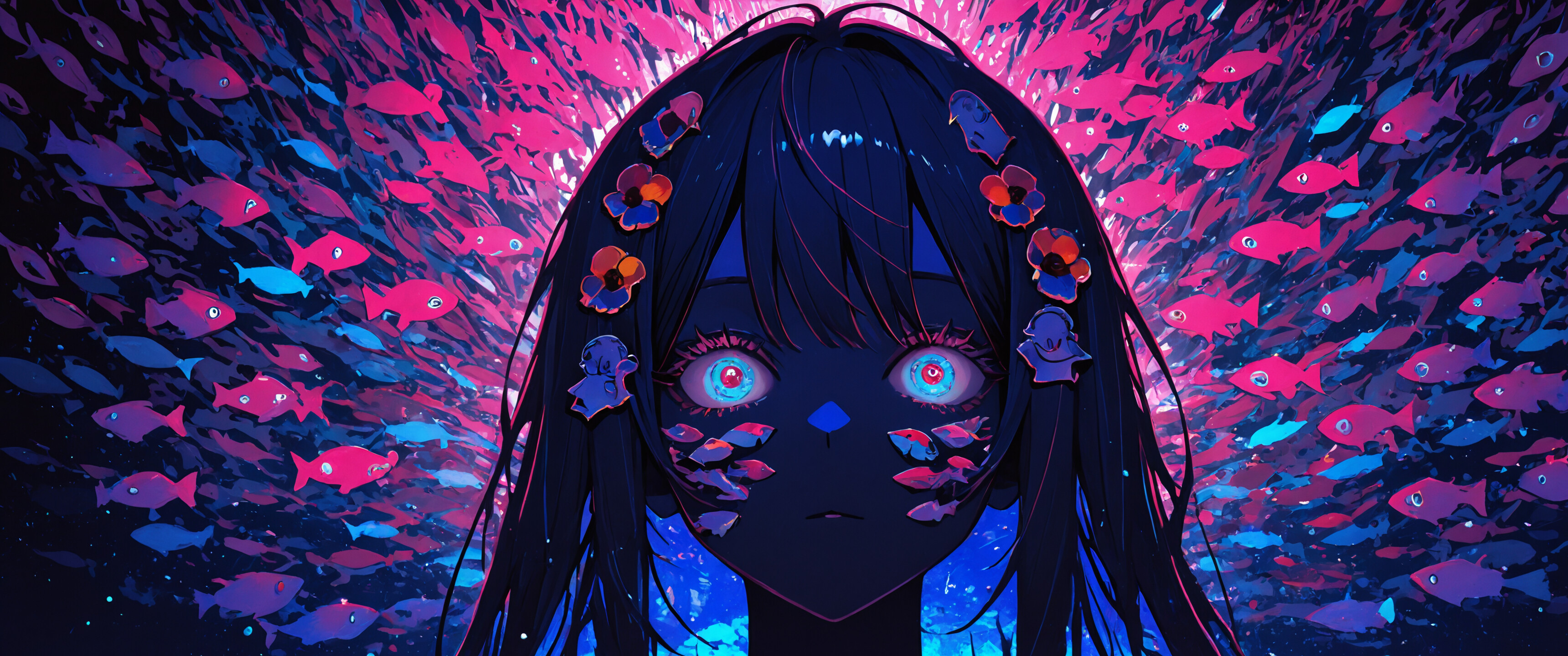 Una chica de estilo anime, con el pelo oscuro y unos ojos amarillos brillantes, está de pie en una habitación oscura. Encima de ella, un enorme banco de peces rosados brilla sobre un fondo azul. Hay peces más pequeños estampados en su camiseta.