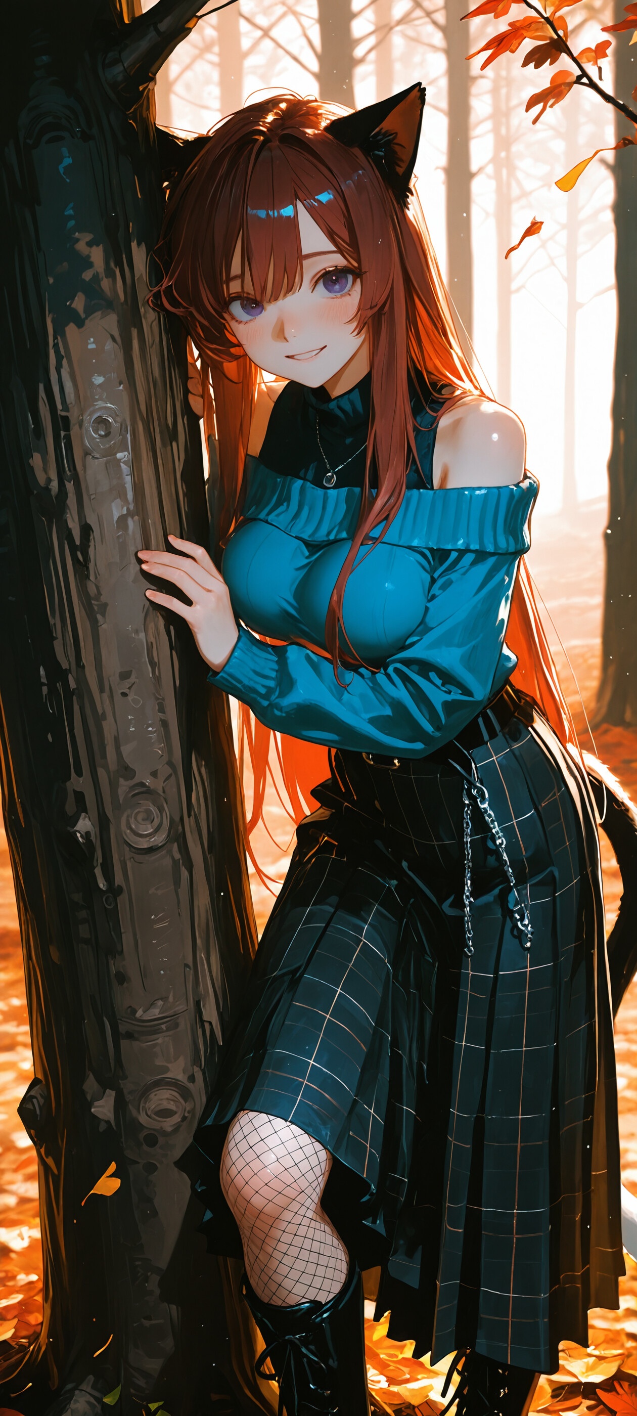 Una ilustración de cuerpo entero de una chica anime con rasgos de gato, cabello largo y castaño y ojos morados, que lleva un suéter azul que deja un hombro al descubierto y una falda a cuadros, y que está de pie en un bosque otoñal frente a un gran árbol.