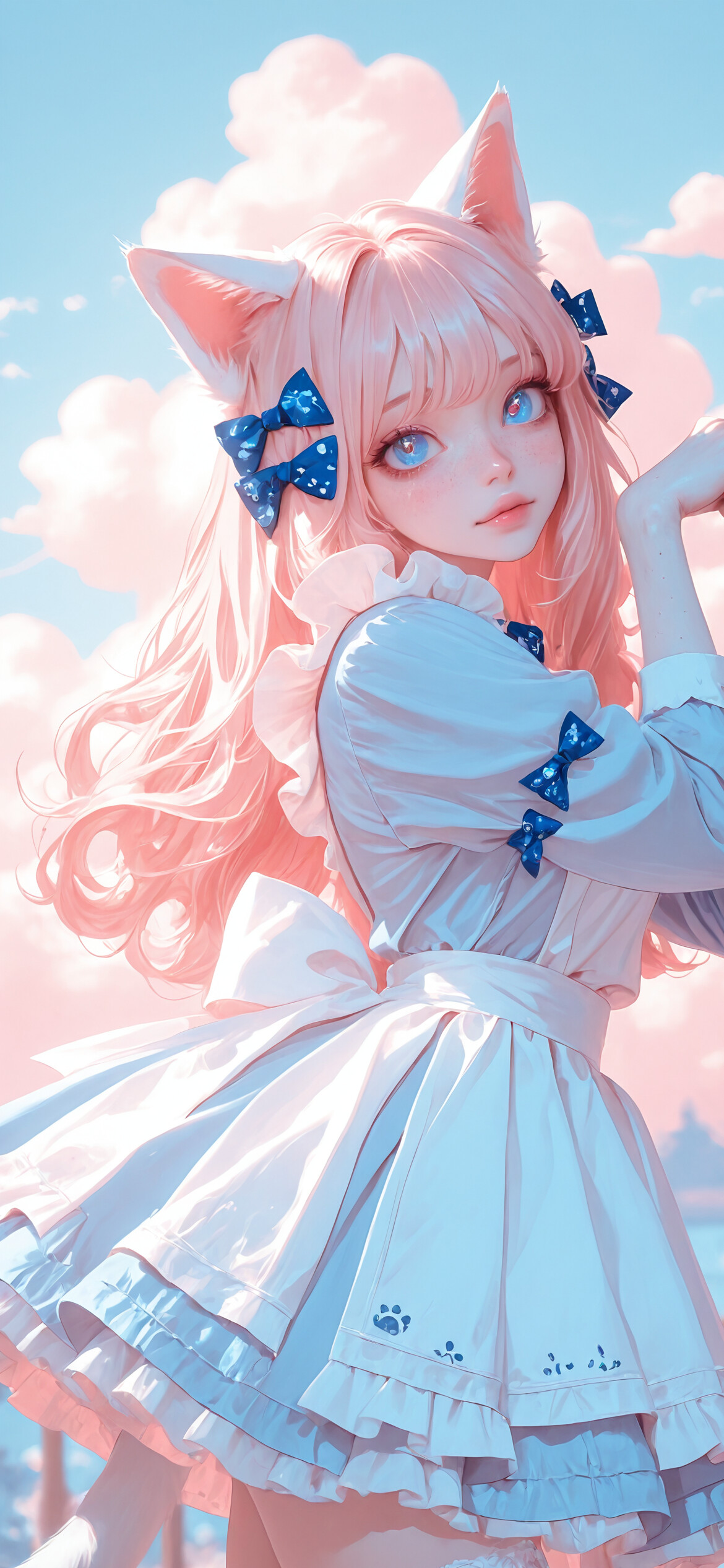 Una chica de anime con el pelo largo y rosa, ojos azules y orejas y cola de gato blancas, que lleva un vestido azul claro y un delantal blanco, y que hace un gesto adorable con la mano simulando una pata de gato, con un cielo de fondo en tonos pastel de azul y rosa.