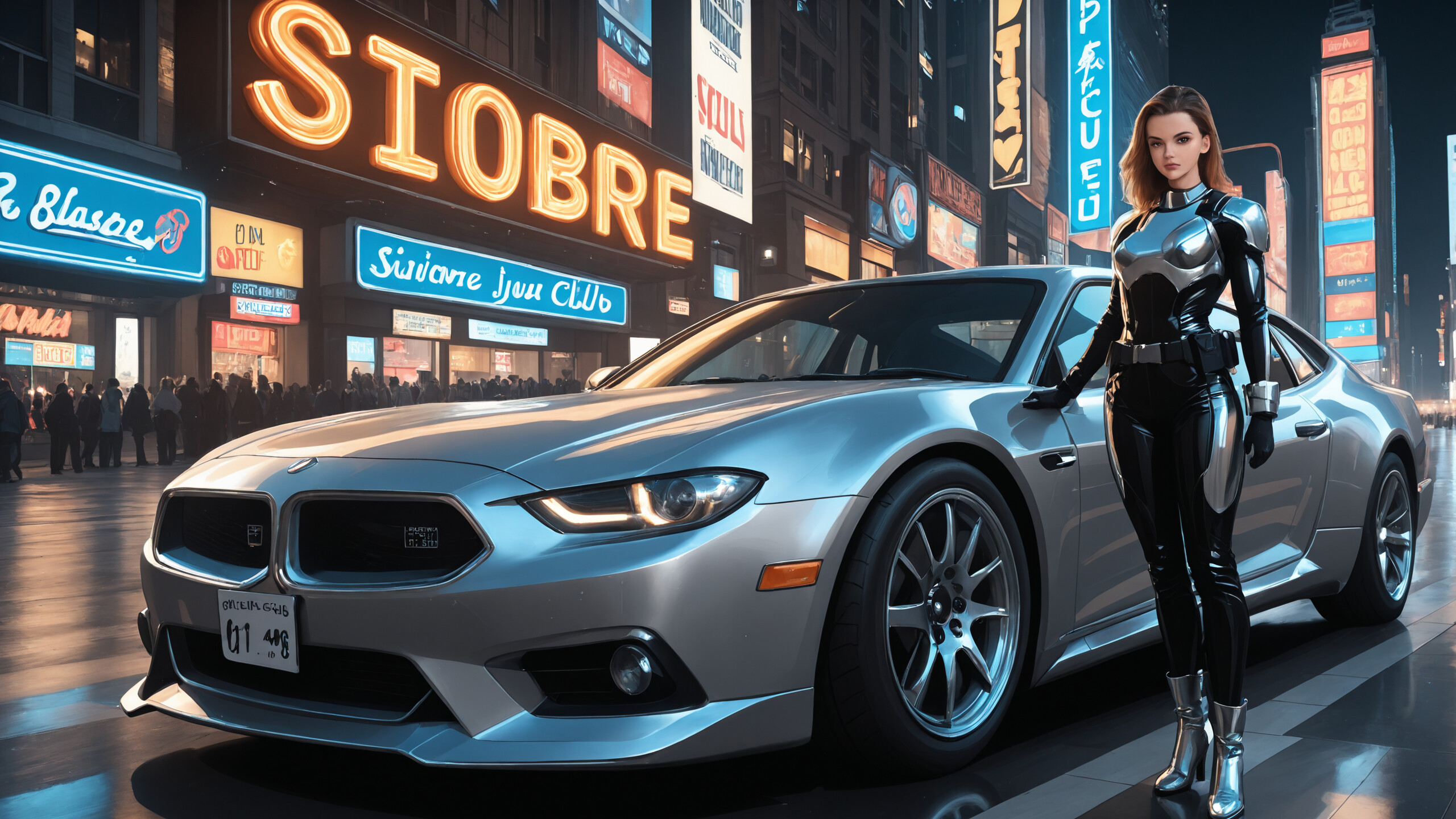 Ilustración completa de una mujer con un traje de combate futurista, de color negro y plateado, caminando por una calle húmeda de la ciudad durante la noche, flanqueada por dos coches antiguos plateados y rodeada de brillantes letreros de neón.