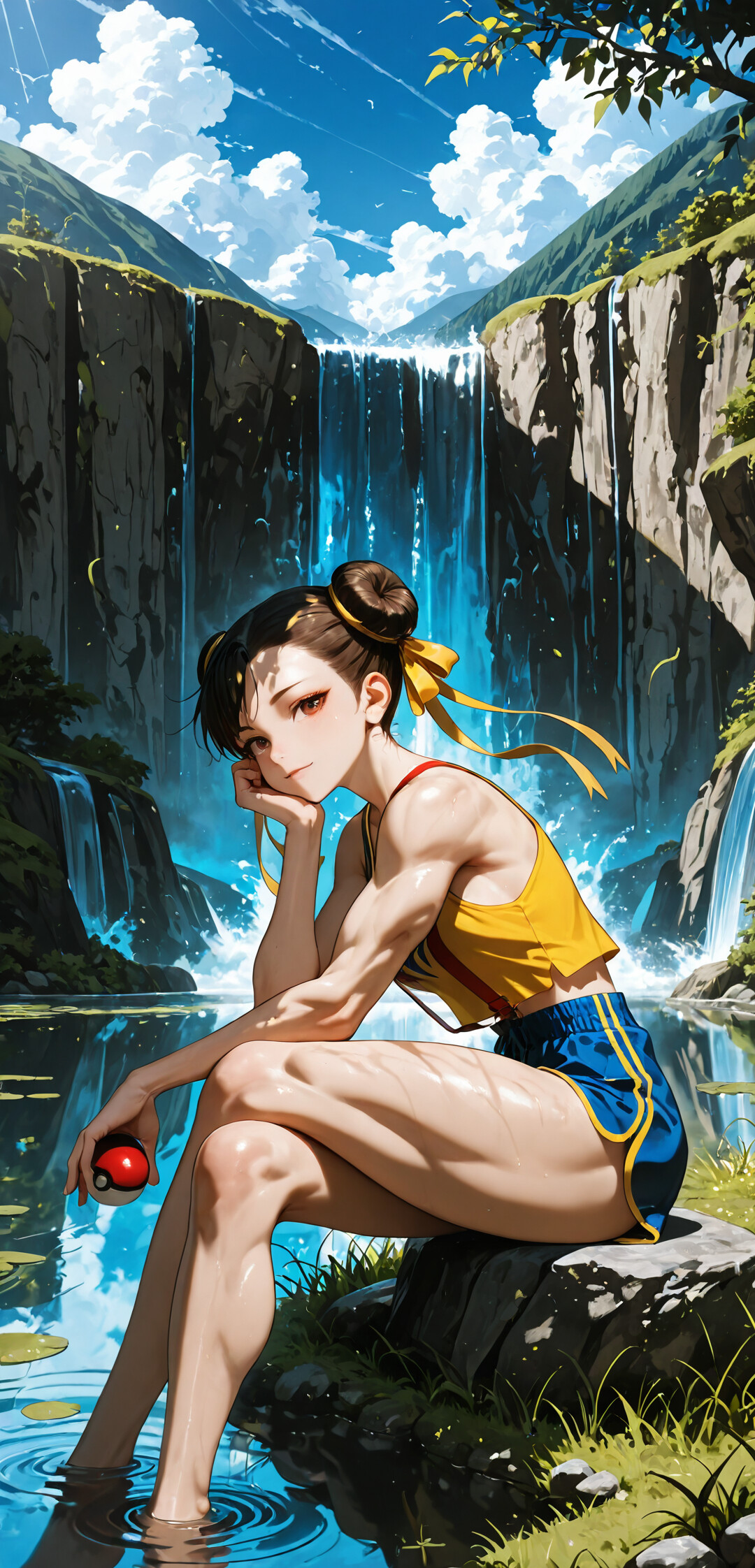 Chun-Li, de la saga Street Fighter, está sentada junto a un lago en un entorno natural y soleado, con una cascada de fondo. Lleva un atuendo de entrenadora de Pokémon: una camiseta amarilla y unos pantalones cortos azules. Tiene una Poké Ball en la mano y sonríe mirando al espectador.