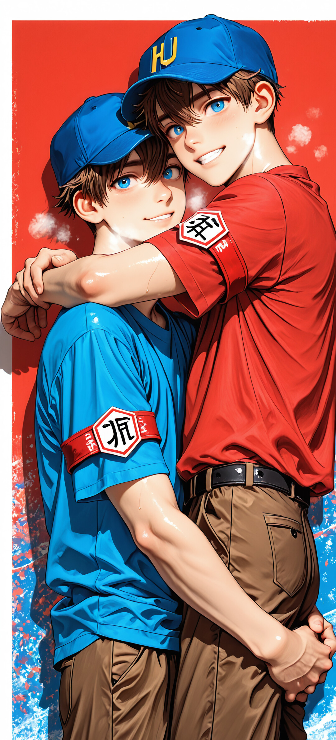 Un joven de estilo anime, con cabello castaño y ojos azules brillantes, que lleva una camisa azul y una gorra de béisbol con una «H», sonríe con confianza mientras está sentado, con los brazos y las piernas cruzados, frente a una pared roja.