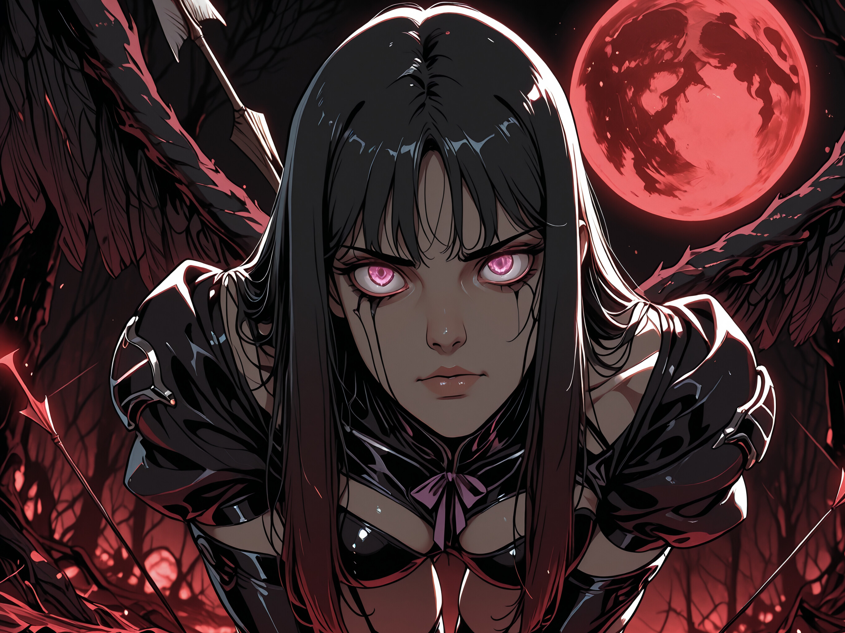 Una ilustración de estilo anime que representa a una mujer con el pelo largo y negro, unos ojos morados brillantes y unas grandes alas oscuras, de pie en un bosque oscuro frente a una gran luna roja. Lleva un atuendo gótico negro y unas medias que le llegan hasta el muslo.