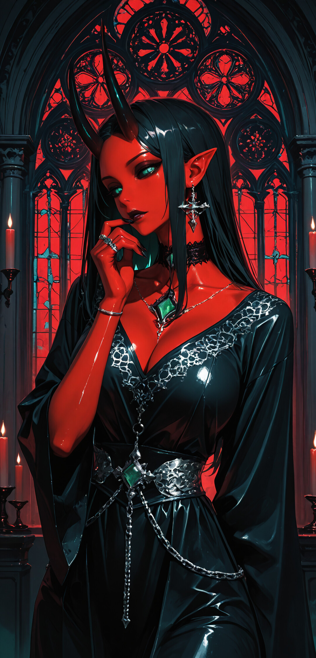 Una ilustración de una hermosa mujer demonio, con una piel roja vibrante, cabello negro y largo, y unos ojos verdes que brillan, todo ello enmarcado por el fondo de una oscura catedral gótica con vidrieras rojas y velas encendidas.