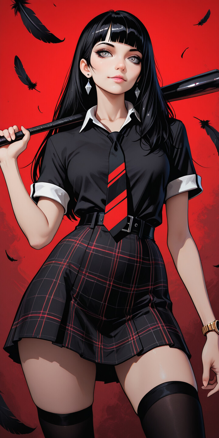 Una ilustración digital de una chica de estilo anime, con el pelo largo y negro y los ojos grises, que lleva una camiseta negra y una falda a cuadros. Sostiene un bate de béisbol sobre su hombro, y delante de ella hay un fondo rojo con plumas negras flotando.