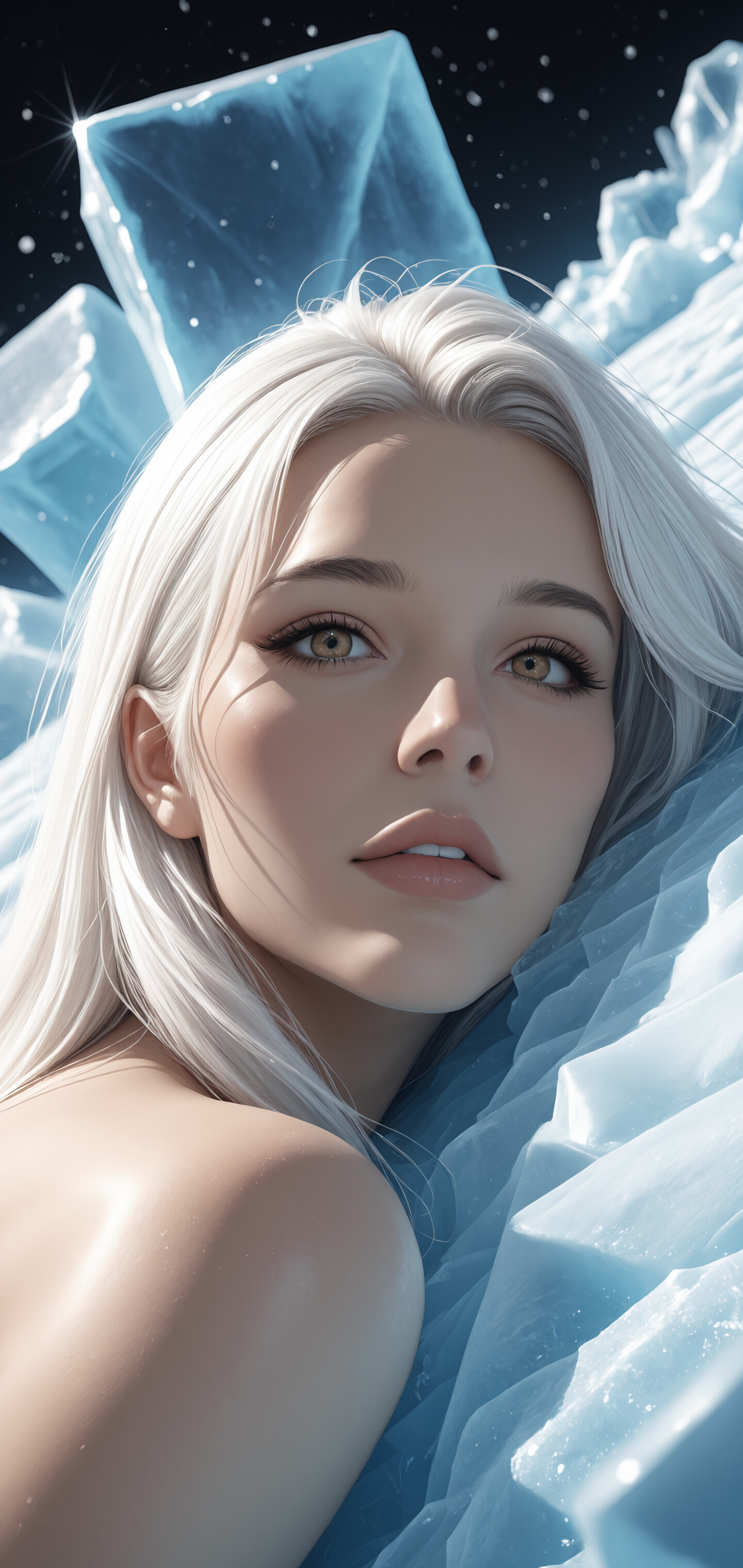 Un retrato en primer plano de una hermosa joven de cabello blanco y ojos azules, que mira a través de un marco cuadrado de hielo, con la barbilla apoyada sobre una cama de hielo picado.
