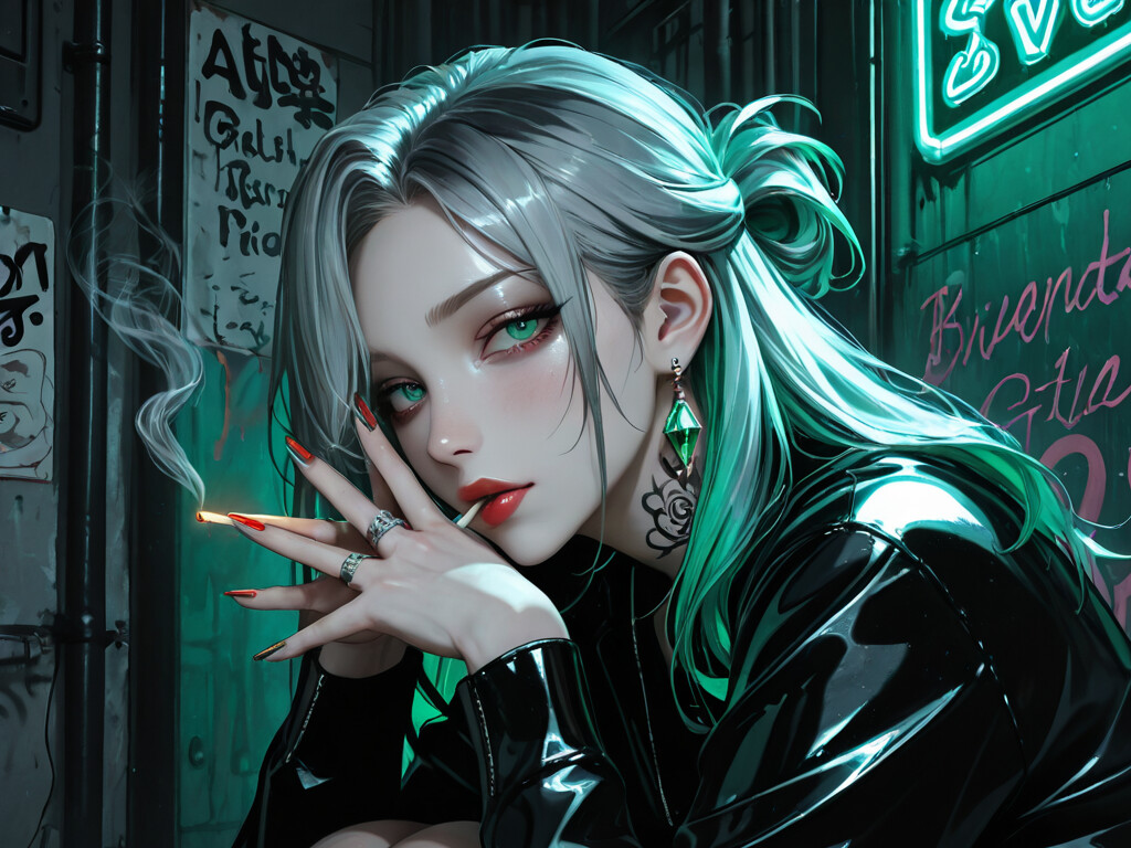 Una ilustración de estilo anime que representa a una joven con cabello gris, algunos mechones verdes y unos ojos de color verde brillante. Está agachada en un callejón oscuro, iluminado con luces de neón, mientras fuma un cigarrillo y mira directamente a la cámara. Tiene un gran tatuaje de una rosa en el brazo.