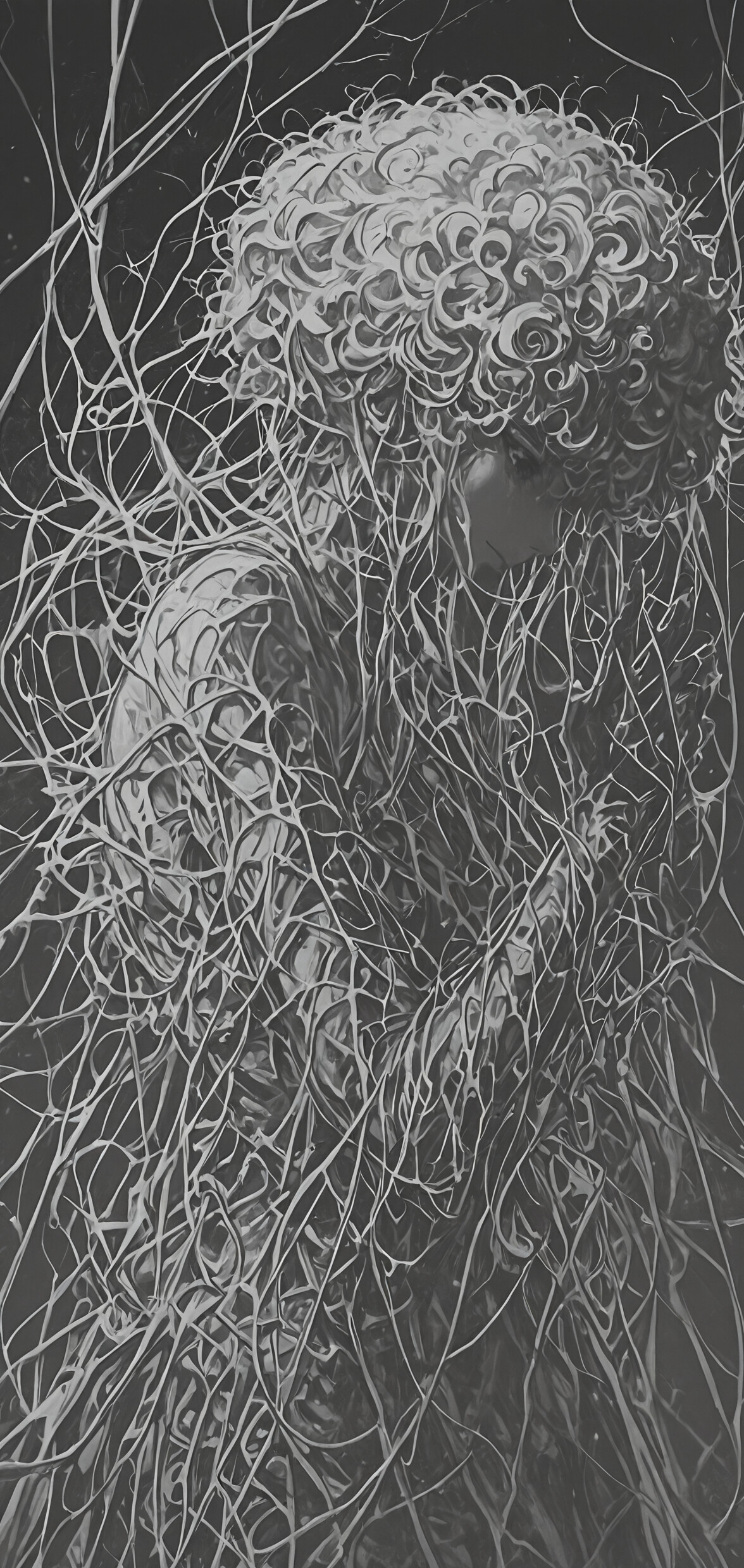 Una ilustración en blanco y negro, con gran detalle, que representa a una mujer de perfil. Tiene unos ojos grandes y expresivos y un cabello blanco, corto y muy rizado. Un intrincado diseño blanco, con forma de red, cubre su cuello y hombros sobre un fondo oscuro y abstracto.