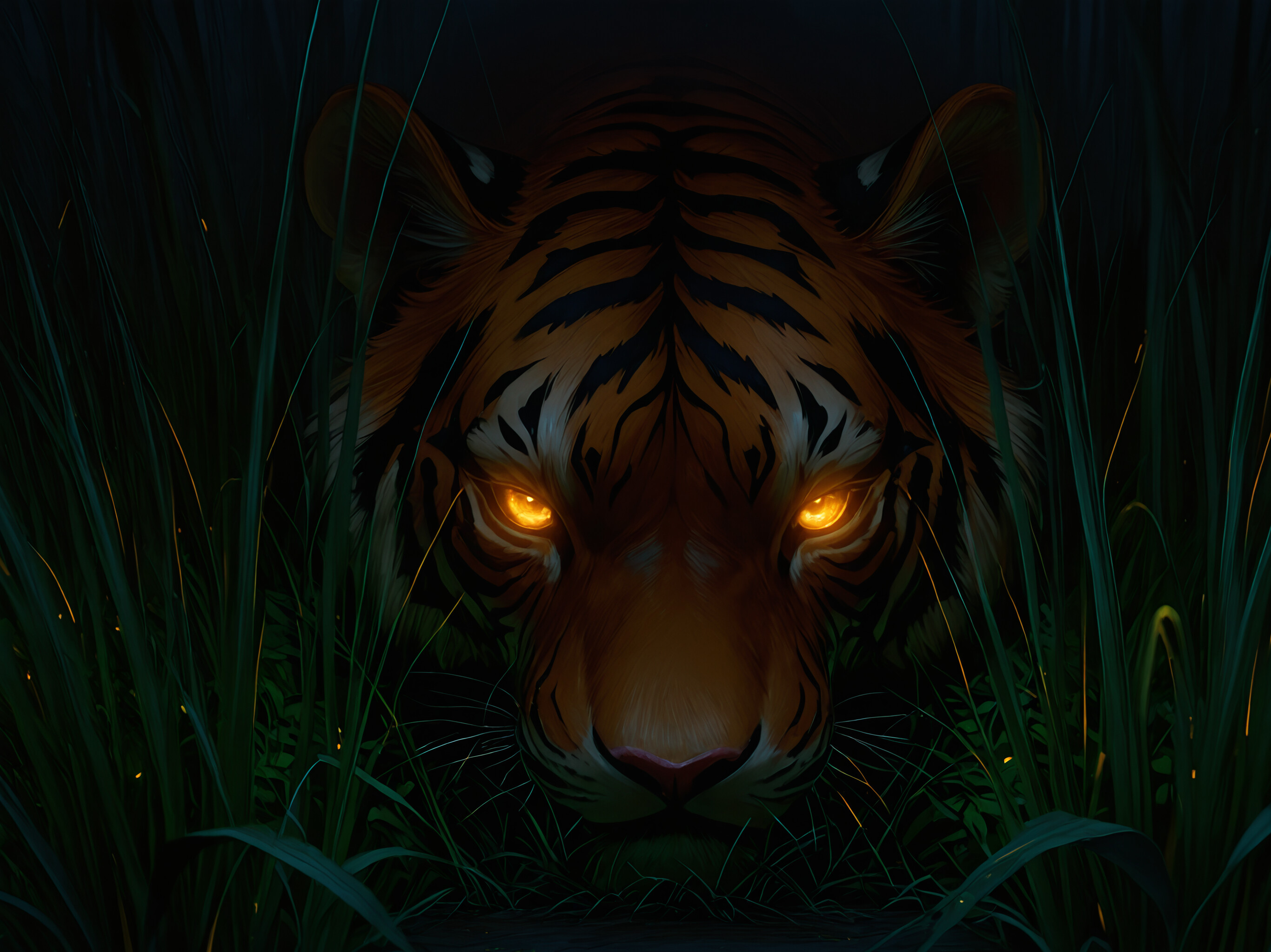 Un poderoso tigre, con unos penetrantes ojos amarillos, avanza sigilosamente entre la alta hierba verde en la oscuridad, con el rostro iluminado y una expresión intensa.