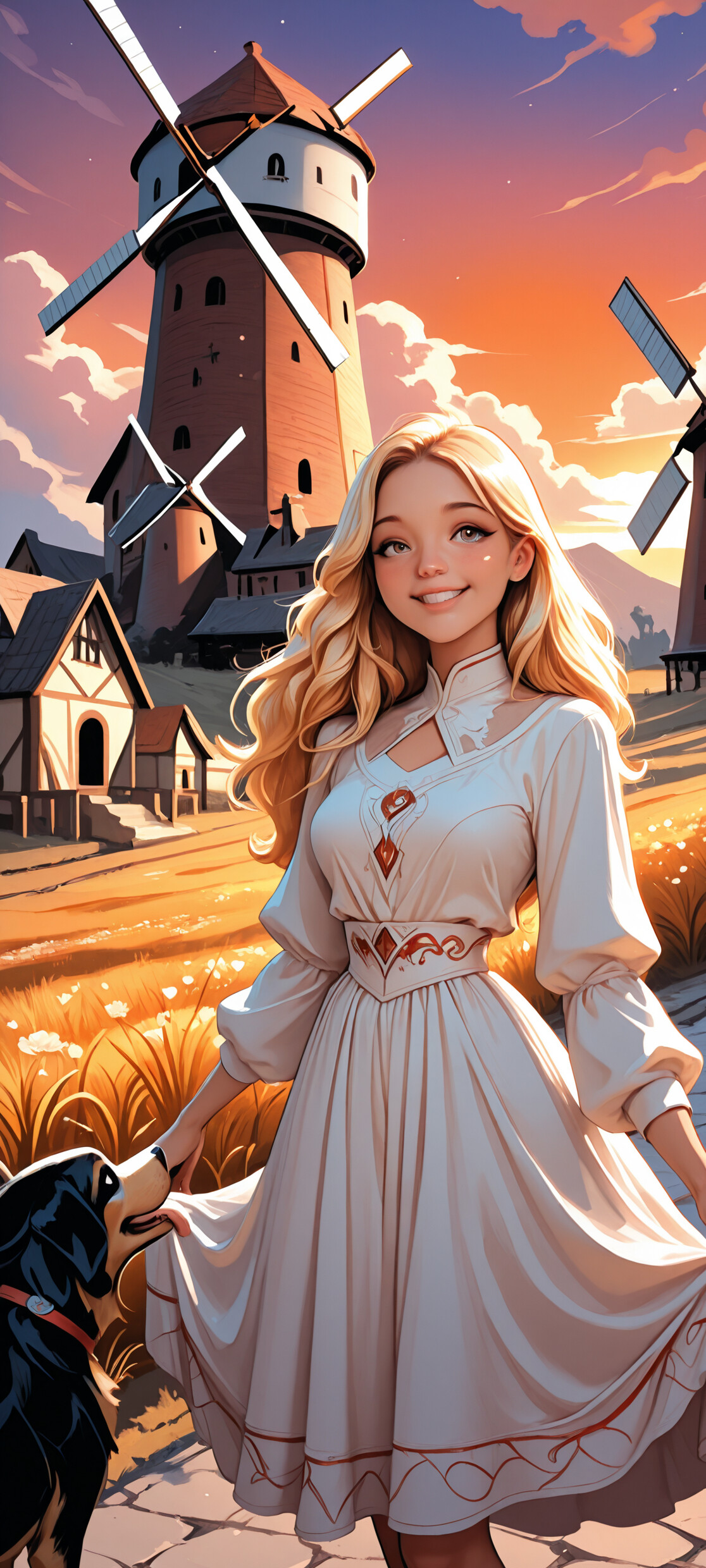 Una ilustración de estilo anime que representa a una joven sonriente, de cabello rubio largo y vestida con un vestido blanco, de pie en un campo junto a su alegre perro. En el fondo, se puede apreciar un paisaje rural con un gran molino y casas bajo un cielo al atardecer.