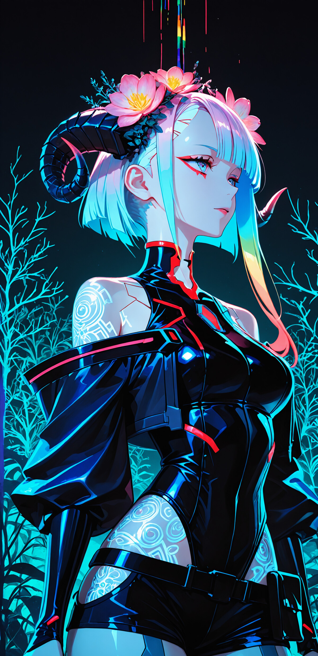 Una ilustración de estilo anime que representa a una mujer similar a Lucy, de la serie Cyberpunk: Edgerunners, con el pelo de colores pastel en forma de arcoíris, grandes cuernos negros con forma de carnero y una flor roja. Lleva un brillante atuendo negro de estilo cyberpunk sobre un fondo oscuro, enmarcado por un círculo de neón rosa y azul.