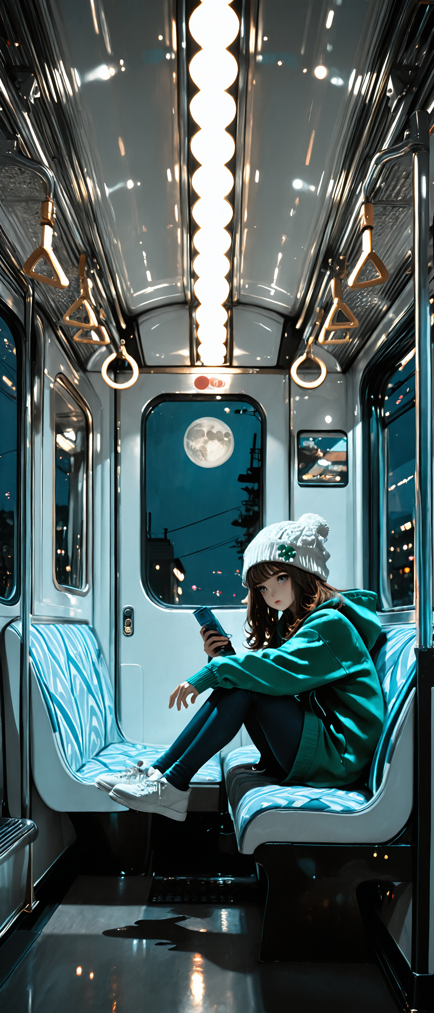 Una ilustración que muestra a una joven de cabello castaño sentada dentro de un tren durante la noche, vestida con una sudadera y un gorro verdes, y jugando en una consola portátil azul. A través de la ventana del tren se puede ver una luna llena.
