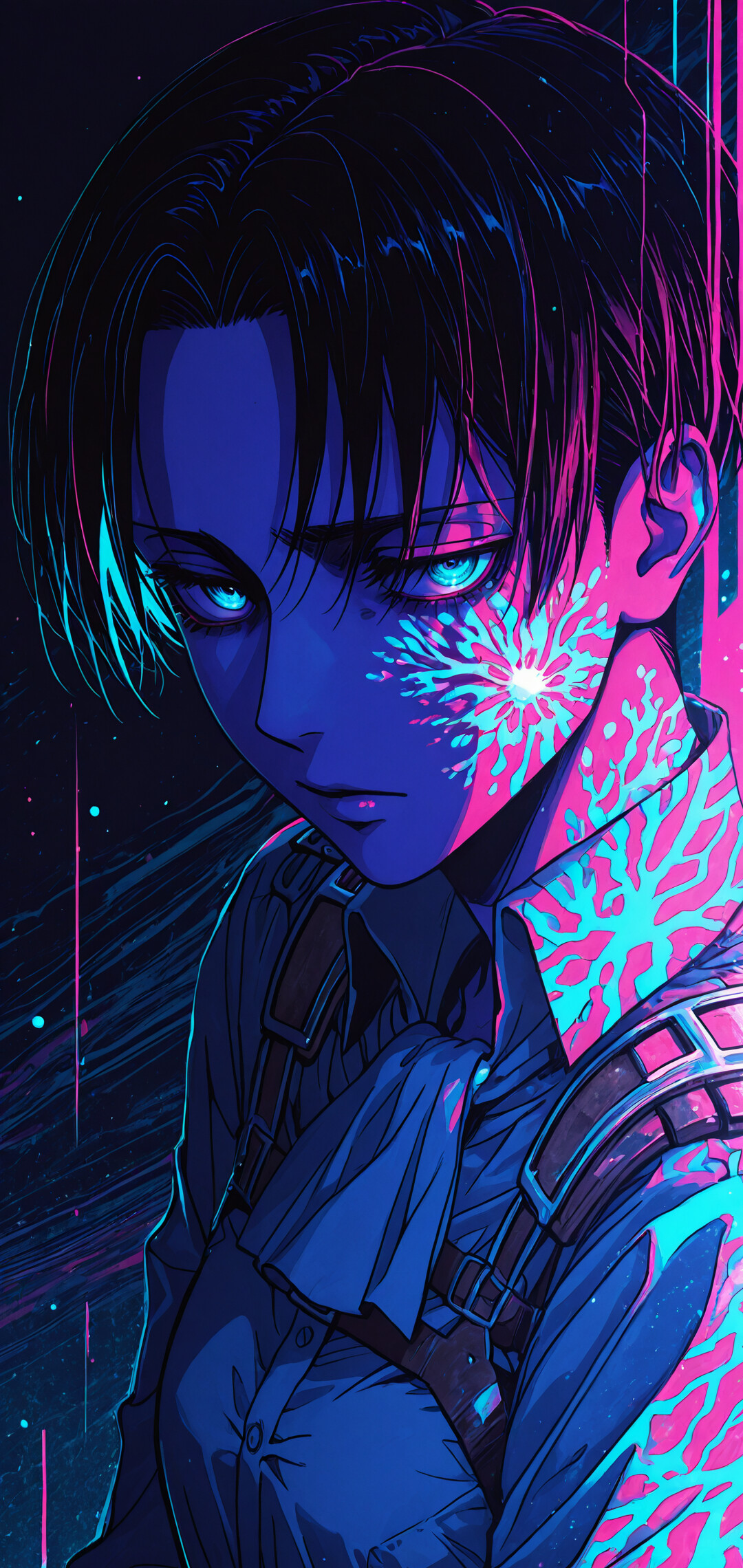 Una ilustración al estilo anime de Levi Ackerman, de la serie Attack on Titan, con la mano apoyada en el pecho. La obra de arte presenta una vibrante paleta de colores neón en tonos azul, rosa y púrpura, con un fondo abstracto y dinámico.