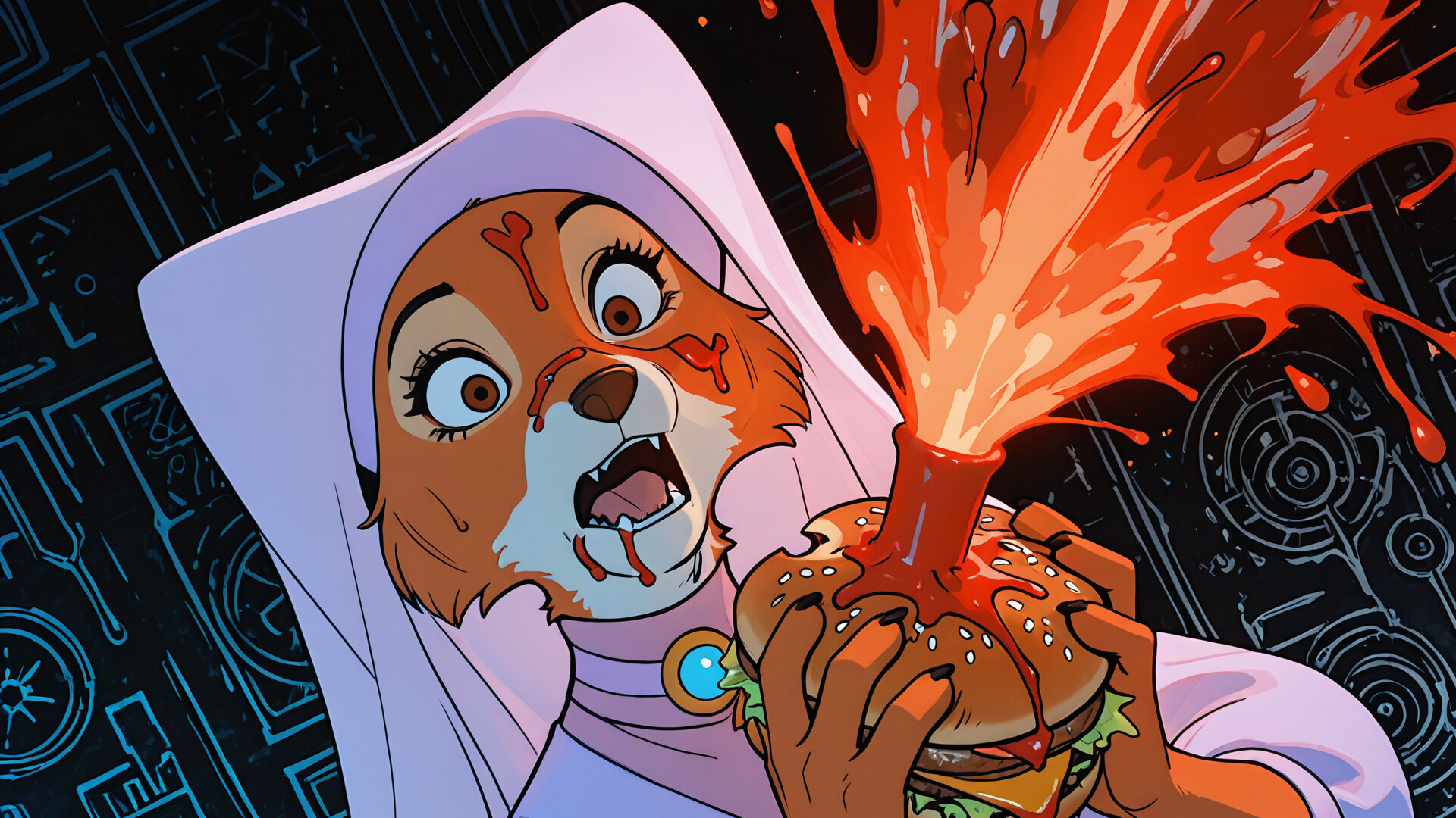 Una ilustración de Maid Marian, la zorra de la película Robin Hood de Disney, con expresión de sorpresa mientras da un mordisco desordenado a una gran hamburguesa con queso. Tiene salsa de tomate en la cara y goteando de la hamburguesa, todo ello sobre un fondo rojo y naranja de colores intensos.