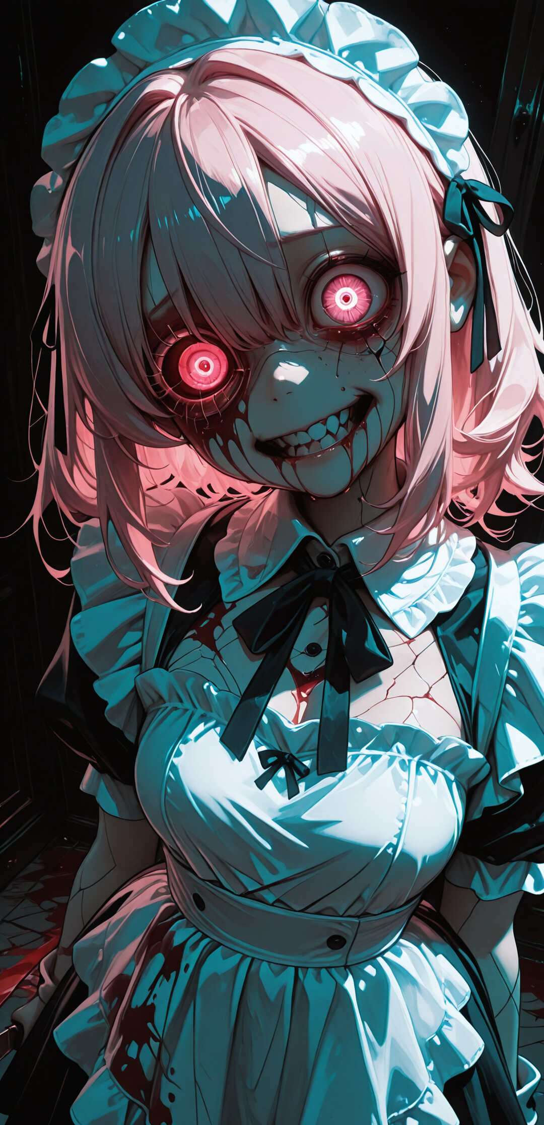 Una ilustración de temática de terror que representa a una chica de anime de pelo rosa, vestida con un uniforme de criada. Su rostro presenta la piel agrietada y está salpicado de sangre, y tiene unos ojos cibernéticos rojos y brillantes en un entorno oscuro y sombrío.