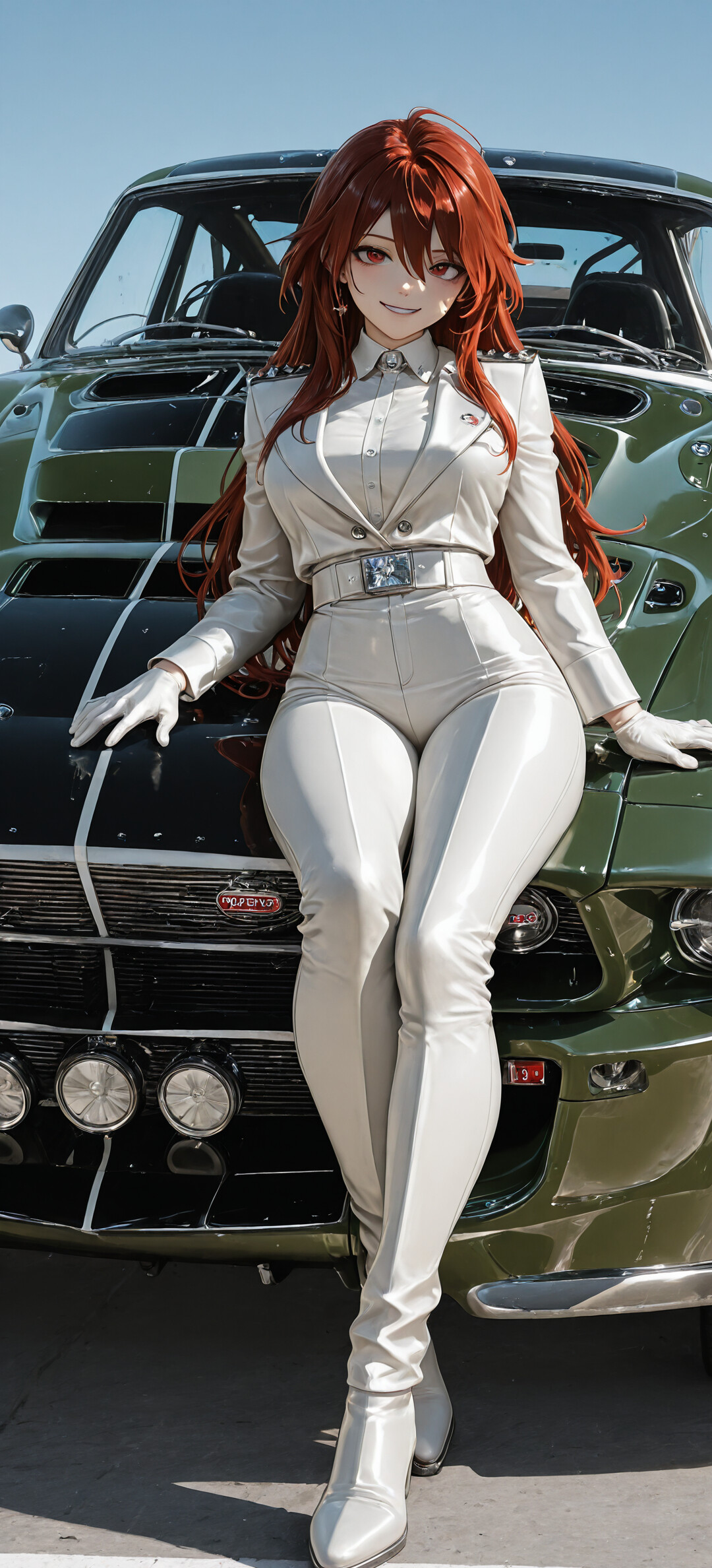 Vista frontal de un Ford Mustang antiguo, muy modificado, de un color verde intenso, con una parrilla personalizada y cinco faros redondos en el parachoques delantero, estacionado al aire libre en un día soleado.