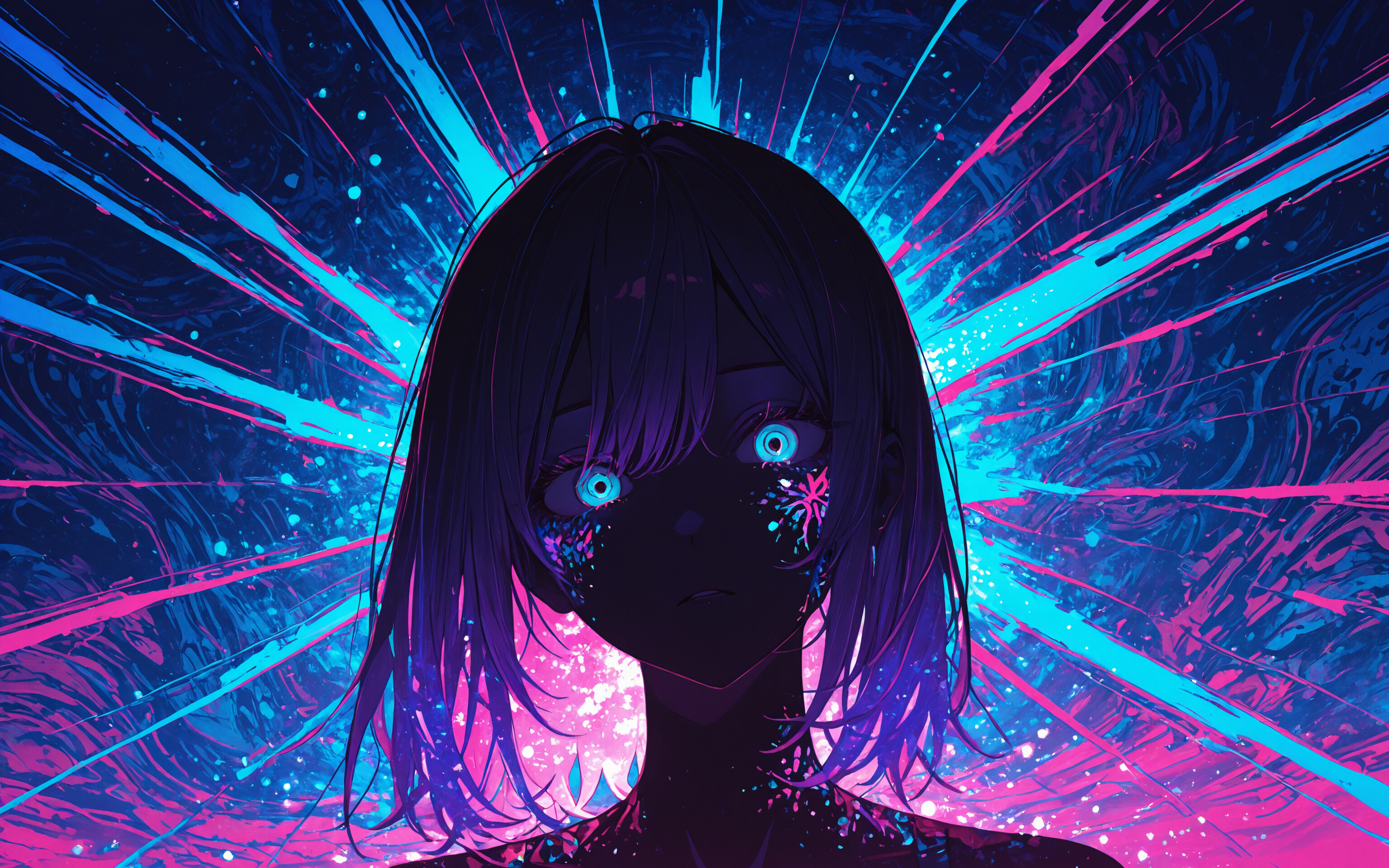 La silueta de una chica de anime, vestida con uniforme escolar y con las puntas del cabello de color rosa brillante, está de pie frente a un fondo explosivo de luces de color azul neón y rosa.