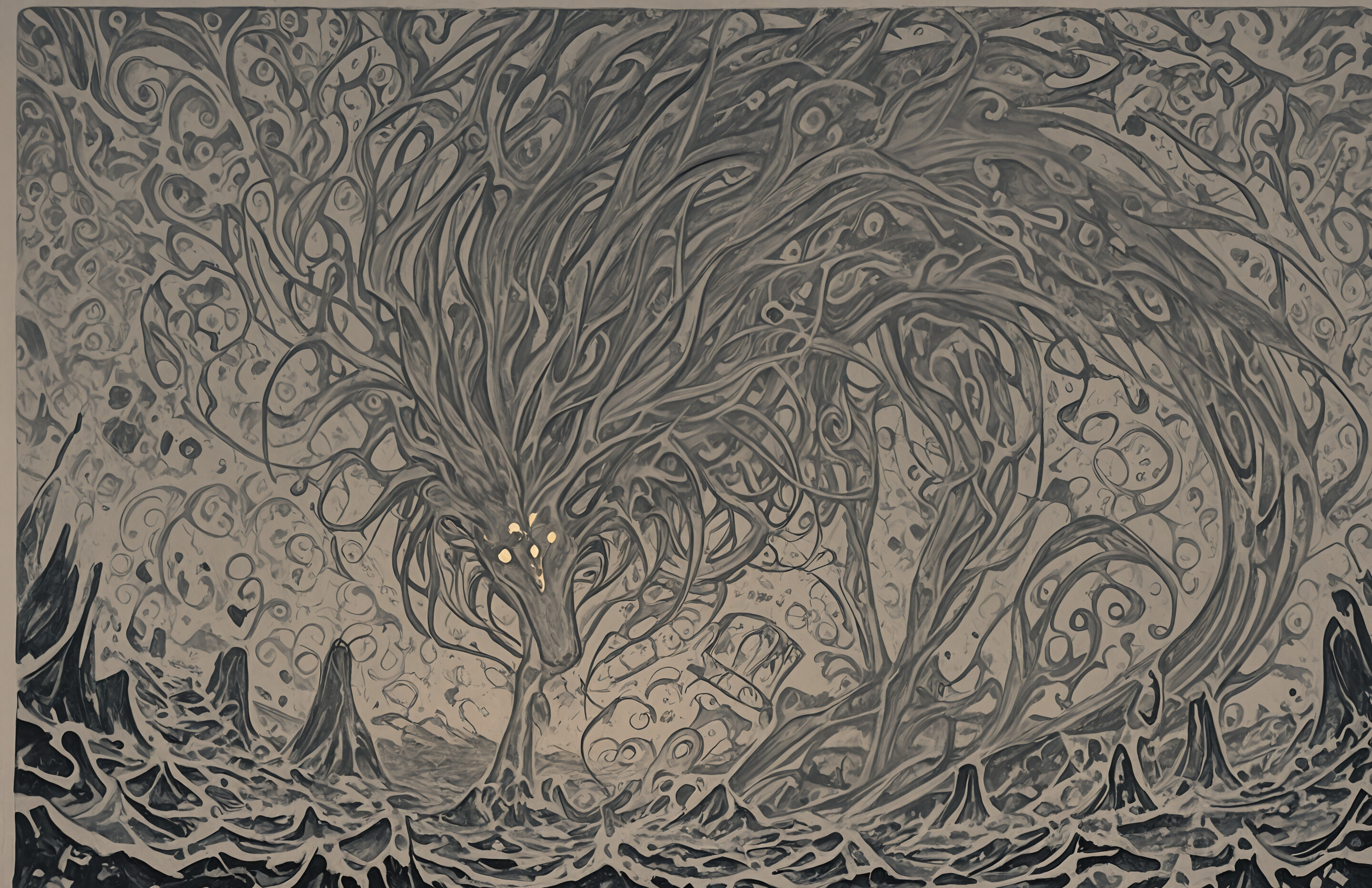 Una pintura abstracta con un fondo oscuro cubierto por una densa y compleja red de líneas y puntos dorados que se entrelazan. En la parte superior central, una única esfera de luz brillante sirve como punto focal.