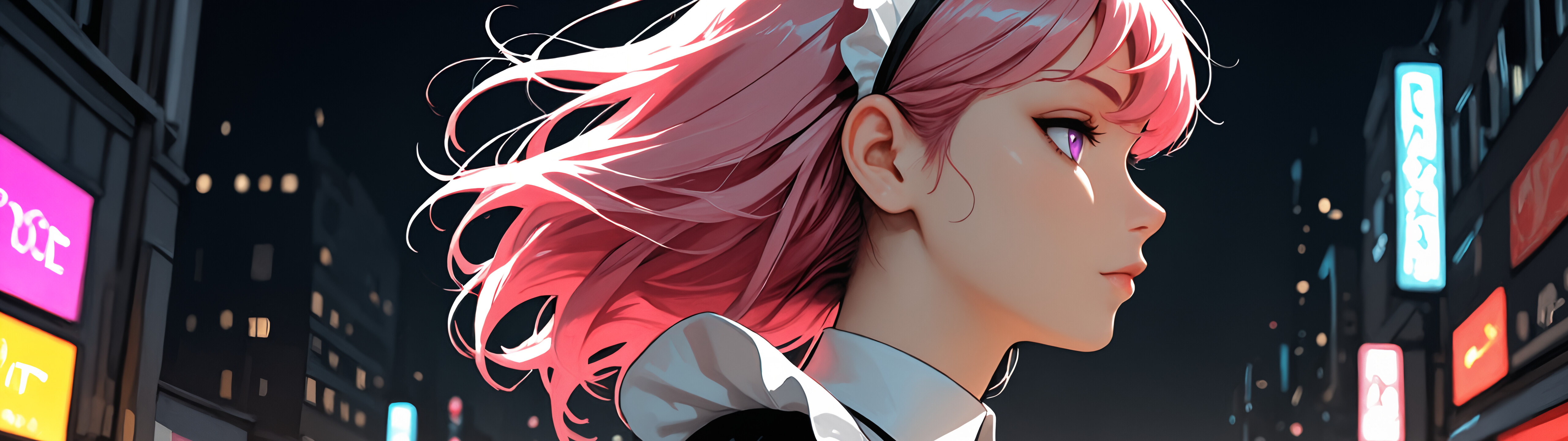 Una ilustración de estilo anime que representa a una joven con el pelo largo y rosa y los ojos de color púrpura, vestida con un uniforme de criada en blanco y negro. Está de pie en una calle de la ciudad por la noche, con luces de neón borrosas en el fondo.