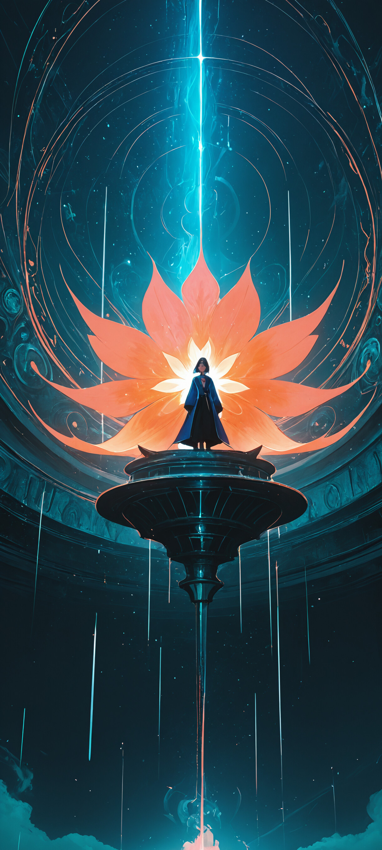 Una ilustración de cuerpo entero de una joven con el pelo corto y negro, vestida con un abrigo oscuro y futurista, de pie frente a un gran portal circular de color turquesa y rojo que emite luz, en un entorno oscuro y rocoso.