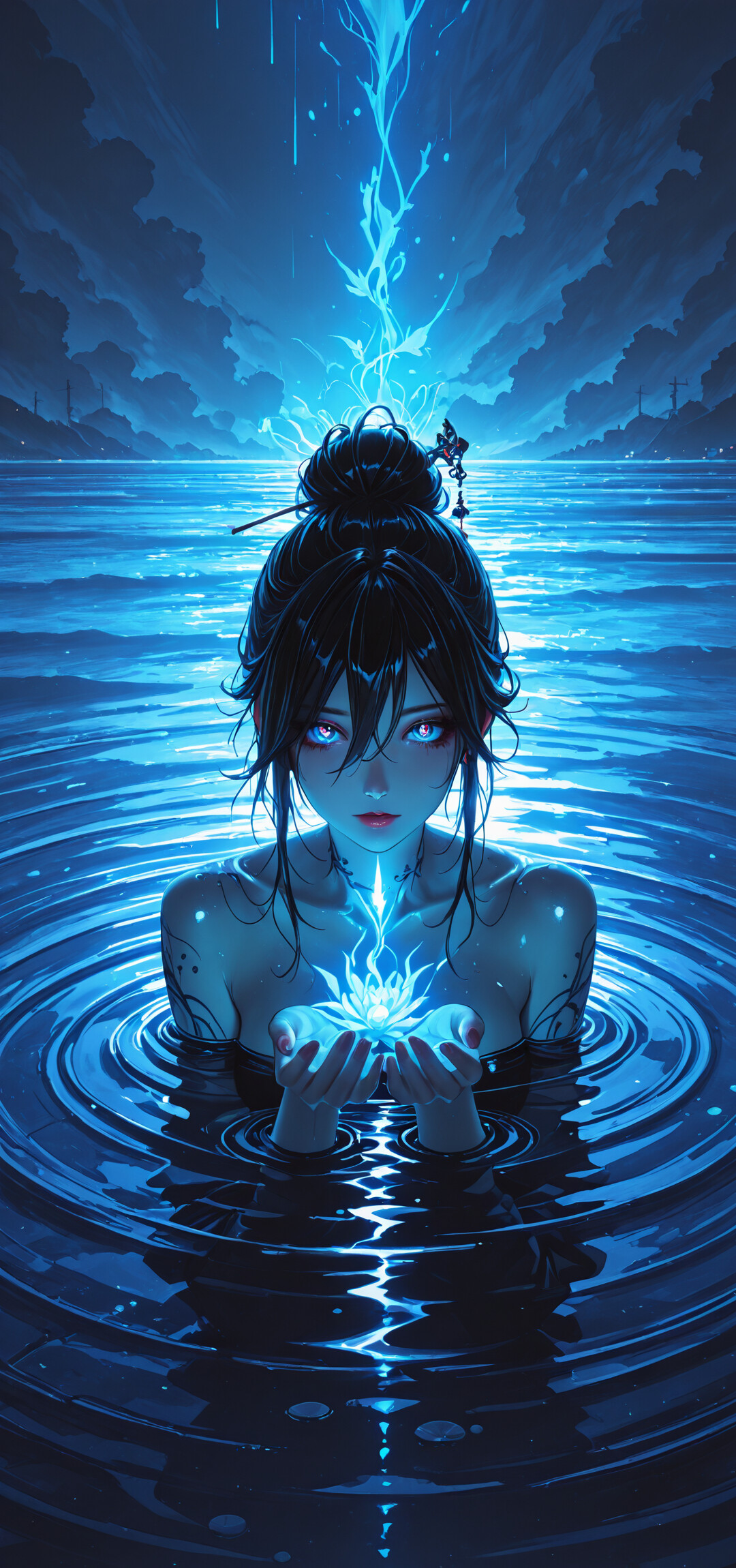 Una ilustración de estilo anime que representa a una mujer de cabello negro recogido en un moño, sumergida hasta el cuello en agua oscura que emite una luz azul, creando ondas a su alrededor mientras mira hacia adelante con unos penetrantes y luminosos ojos azules.