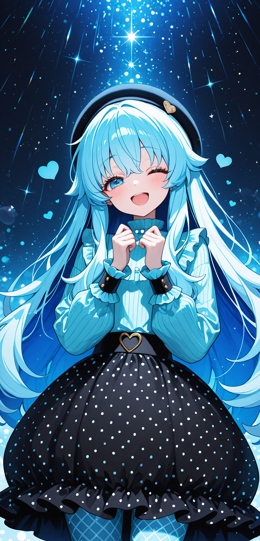 Una chica de anime con el pelo largo de color azul claro y una expresión alegre y pícara, lleva un boina negra, una blusa azul claro y una falda negra con lunares, y está de pie frente a un fondo nocturno brillante y lleno de estrellas.