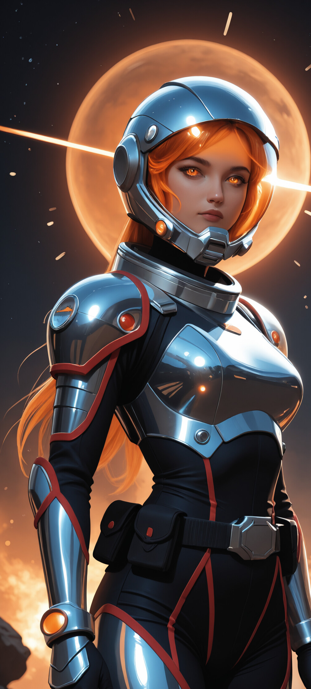 Una ilustración digital de una mujer con un cabello naranja brillante y ojos dorados, que lleva un traje espacial futurista plateado y negro con un casco transparente en forma de burbuja. La imagen está ambientada sobre un fondo oscuro que representa la superficie de un planeta durante una batalla, con explosiones y una estrella brillante que resplandece en el cielo.