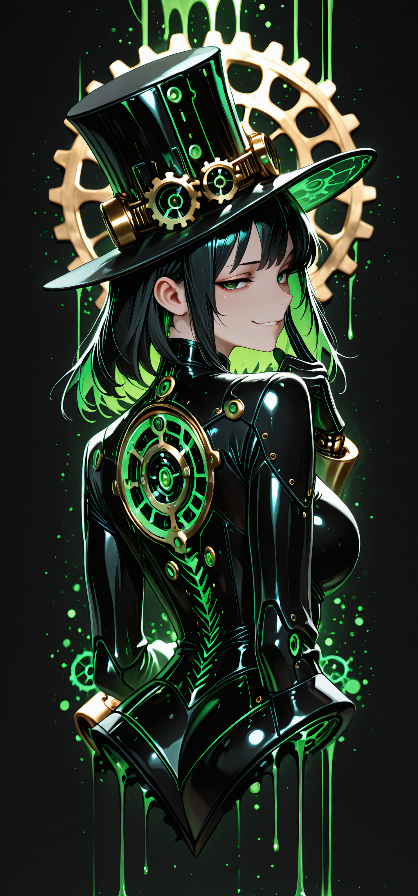 Una personaje de estilo anime, con el pelo corto, negro y de un verde brillante, mira por encima del hombro con una sonrisa burlona. Lleva un atuendo de estilo steampunk negro y un sombrero de copa que está rebosante de una sustancia verde brillante y viscosa.