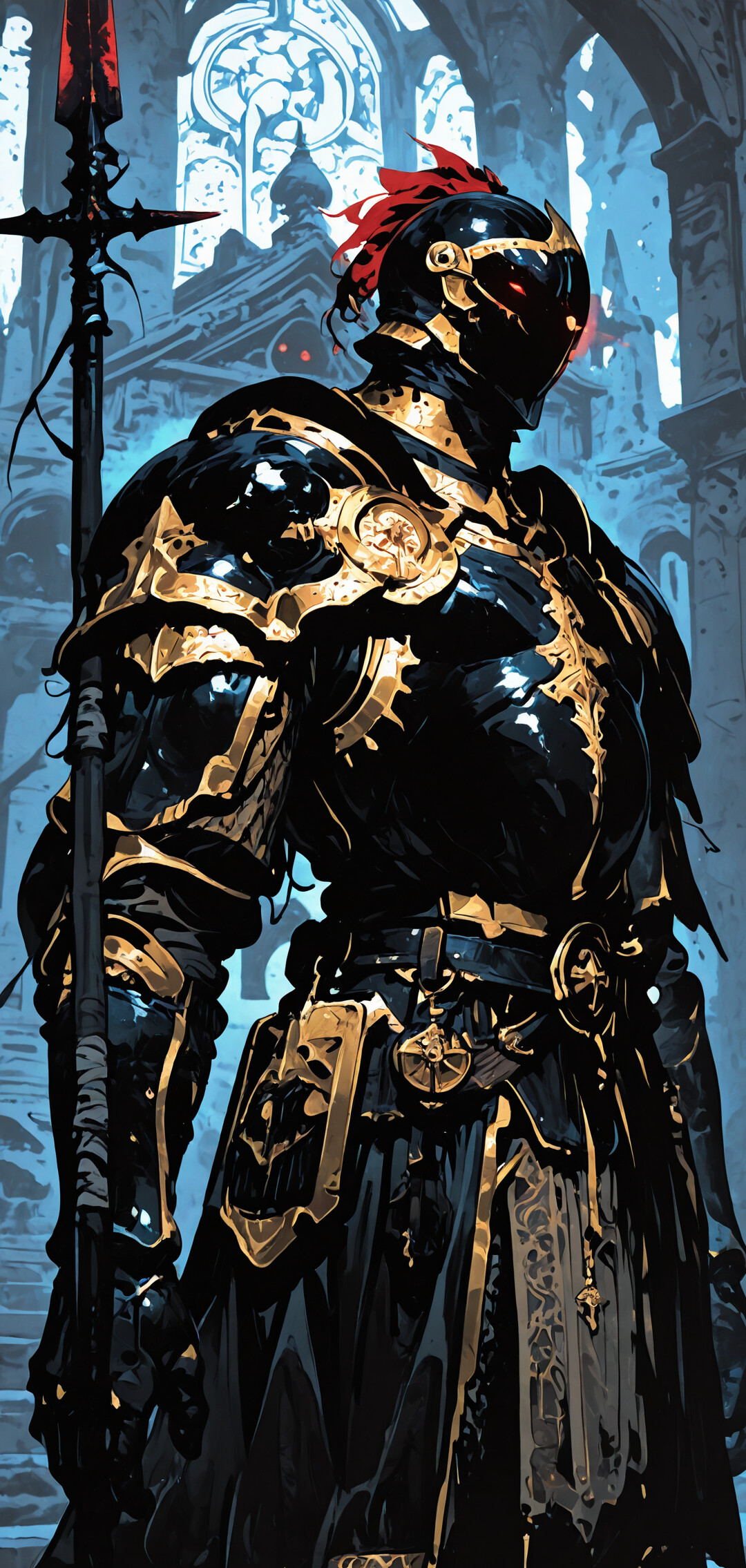 Un caballero alto, ataviado con una elaborada armadura negra y dorada, con unos ojos rojos que brillan, empuña una gran lanza mientras está de pie en el interior de un templo de piedra, iluminado con una intensa luz roja en el fondo.