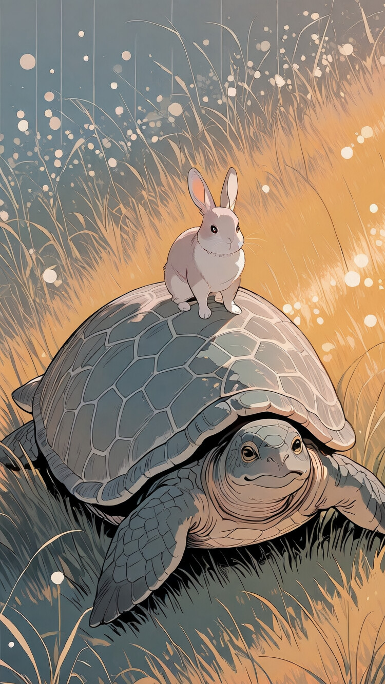 Una ilustración moderna de estilo anime que representa a un conejo adorable parado sobre el lomo de una tortuga grande, mientras ambos atraviesan un campo cubierto de hierba.