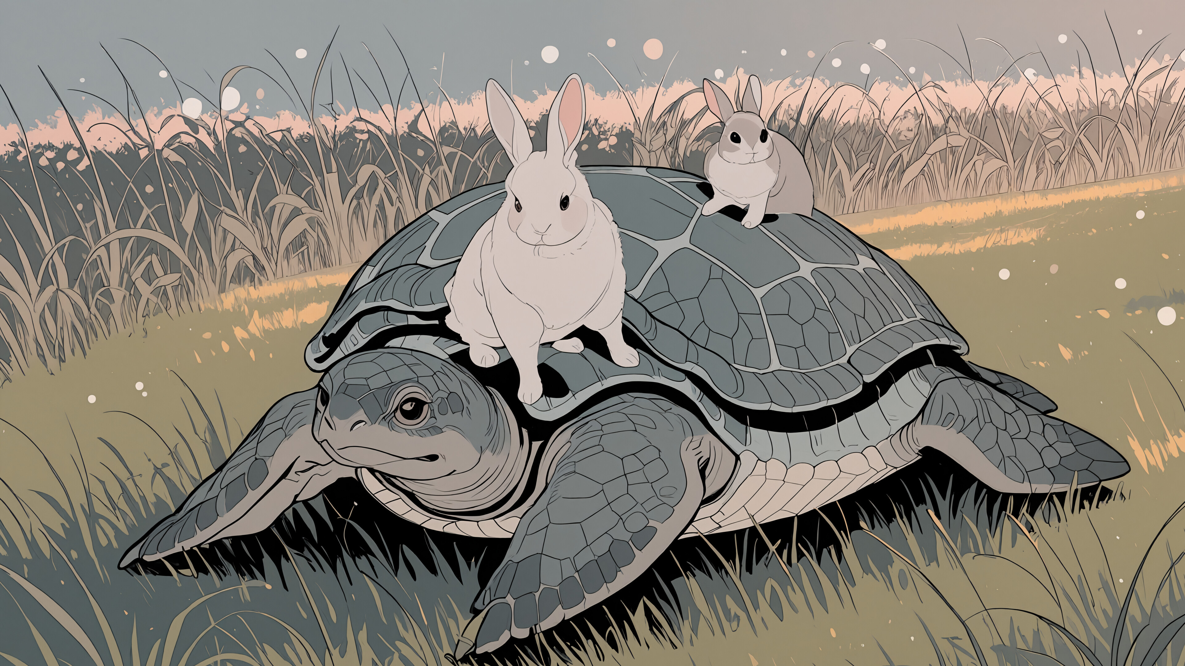 Una ilustración moderna de estilo anime que representa a un conejo adorable parado sobre el lomo de una tortuga grande, mientras ambos atraviesan un campo cubierto de hierba.